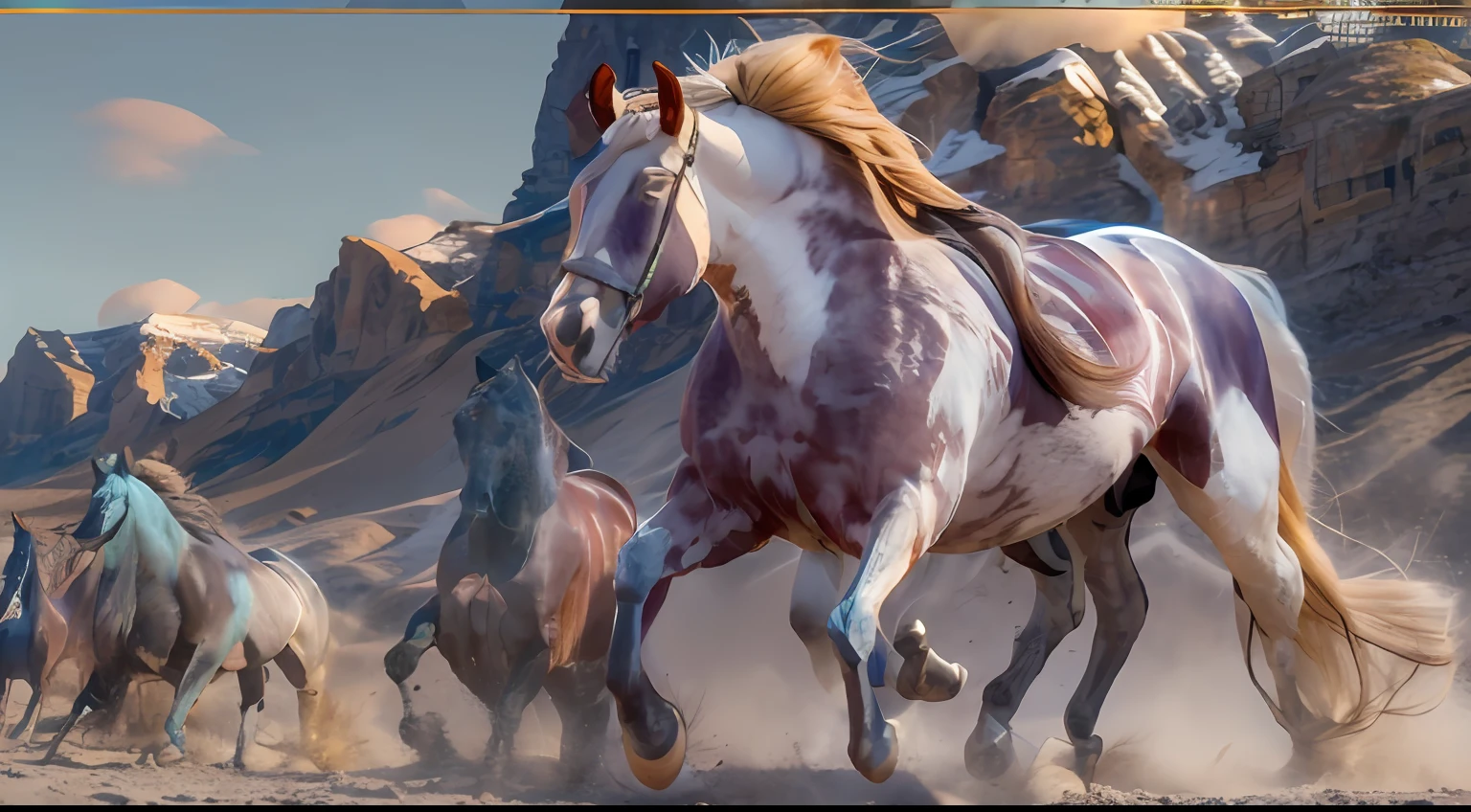 8 horses,Ultra-grand scenes,super wide shot,1#cavalos,2#cavalos,3#cavalos,4#cavalos,5#cavalos,6#cavalos,7#cavalos,8#cavalos。Eight extremely special and rare horses surround each other,A large herd of horses galloped ahead,Gallop across the steppe like a clock。The vast plains of the epic scene are rich in aquatic plants,In the distance is the snow-capped summit of Mount Everest,Snow creek flows into the sea,At the other end is the magnificent giant city,The horse team entered and exited from the city gate。The Lightcast Pegasus from the Supreme Heaven has a rainbow aperture from the Supreme Heaven,She rides between light and pure,No additional ornaments are needed to highlight her dignity and holiness,Even the sky showed her a clear sky,She has a deep enmity with the nightmare heavy ride from hell,The two never put their heads next to each other,Surrounded by sulphurous flames, the Hellmare Heavy Ride makes every time a horse's hooves fall, stepping flat grass out of the lava from the ground,The sky in the steppe is brighter,It makes the earth deeper。The wind wings of the wind elf horse let its position be erratic,She carries a cyan aperture lightly and always can't help but tease the mechanical horse,The mechanical horse is full of mecha beauty,The shoulder back position always reveals delicate mechanical fittings,Four kicks with a hydraulic pump and electromagnetic ejection device。Unicorns want to steal all horses from their pure and flawless beauty,But on the side, the fairy dragon horse is comparing with it,Their unique elven-patterned armor and colorful saddles make them the most stylish horses。The female knight is charging on her knightly warhorse,Her lofty ideals made her will unstoppable,There is no doubt that she is the protagonist of this picture。And a chaotic horse from uncharted territory,It blends in and has a weird style and chaotic colors that are almost unimaginable,This gives the whole picture an extremely dangerous uncertainty,The slightest mistake c