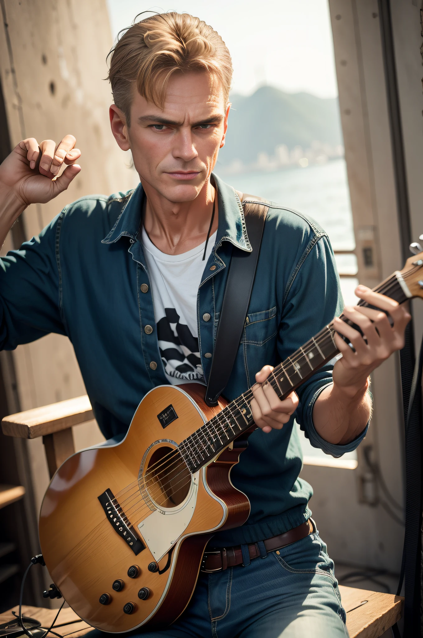 Na frente do palco do Rio de Janeiro, Brasil, talented singer Bryan Adams is wearing classic clothes as he plays his guitar.