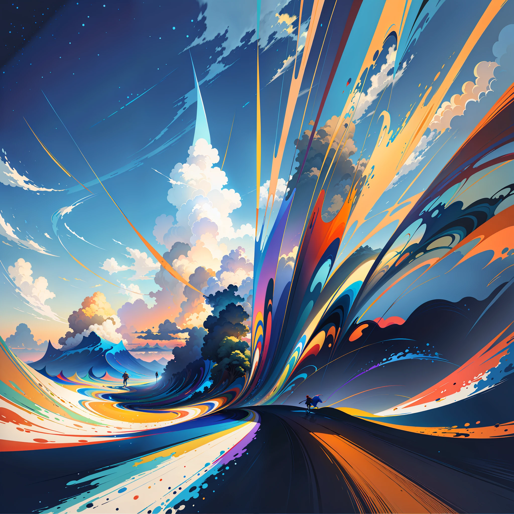 Painting of a colorful person walking on the road in sky background, Inspired by RHADS, rhads and lois van baarle, concept-art | RHADS, author：RHADS, Inspired by Cyril Rolando, RHADS!!!, artwork about a road to freedom, RHADS!, Makoto Shinkai Cyril Rolando, android jones and rhads，