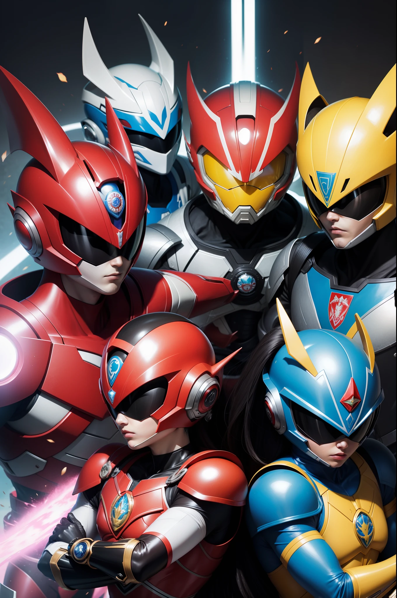 Imagem de um grupo de Power Rangers posando para uma foto, the secret seventh power ranger, Toei, Power Rangers, Power Ranger, Tokusatsu, filme Power Rangers, toei animation, Fourze, battle action pose, Posse confiante, Kamen Rider personagem, Tokusatsu terno vaporwave, Japanese TV show, armadura rosa brilhante