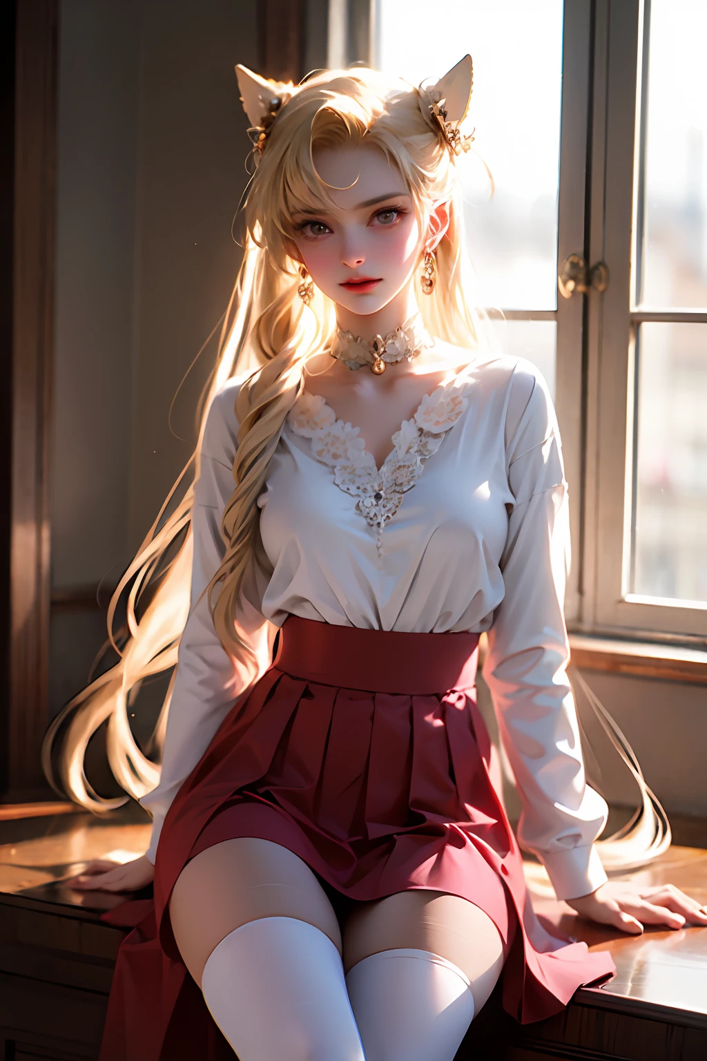 best qualtiy，ultra - detailed，The is very detailed，realisticlying，（tmasterpiece：1.1），high qulity，（A high resolution），femele，idoly，teens girl，ssmile，embarressed，Be red in the face，Slim，paleskin，Light blonde hair，Wavy hair，Long hair，dual horsetail，nabel，（（cleanness）a skirt），little breast，pantiess，lacepantyhose，kneehighs，