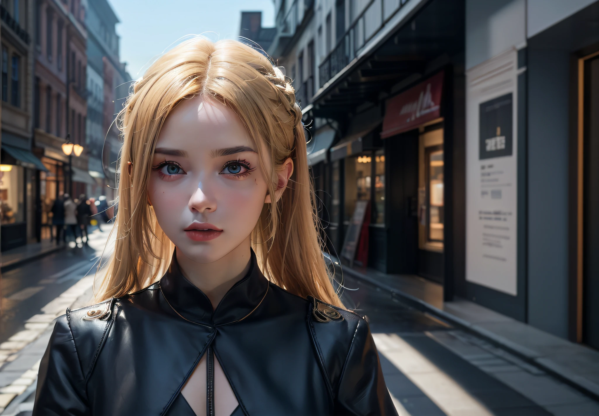Mujer rubia con ojos azules y una chaqueta de cuero negro en una calle de la ciudad, Anime hiperrealista, Estilo realista de anime 3D, Anime 3D realista, Render fotorrealista de Anime Girl, Renderizado retrato 8K, Colegiala hiperrealista, Estilo cyberpunk hiperrealista, CG hiperrealista, Joven chica de anime realista, Anime fotorrealista, Anime realista