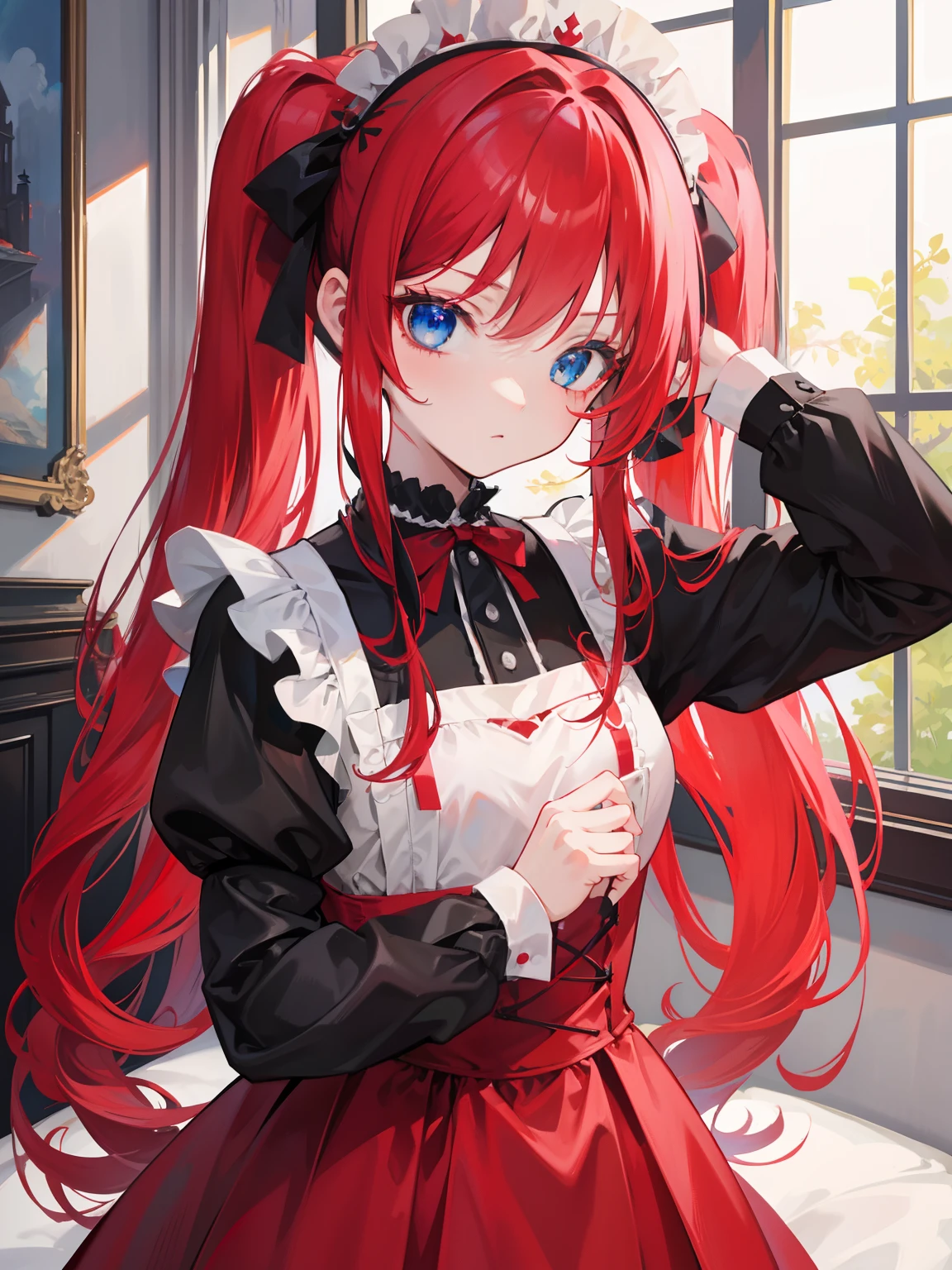 red hair,blue eyes,twintails,maid, long hair, long sleeves, gothic, solo, loli,{{best quality}}, {{masterpiece}}, {{ultra-detailed}}, {illustration}, {detailed light}, {an extremely delicate and beautiful},