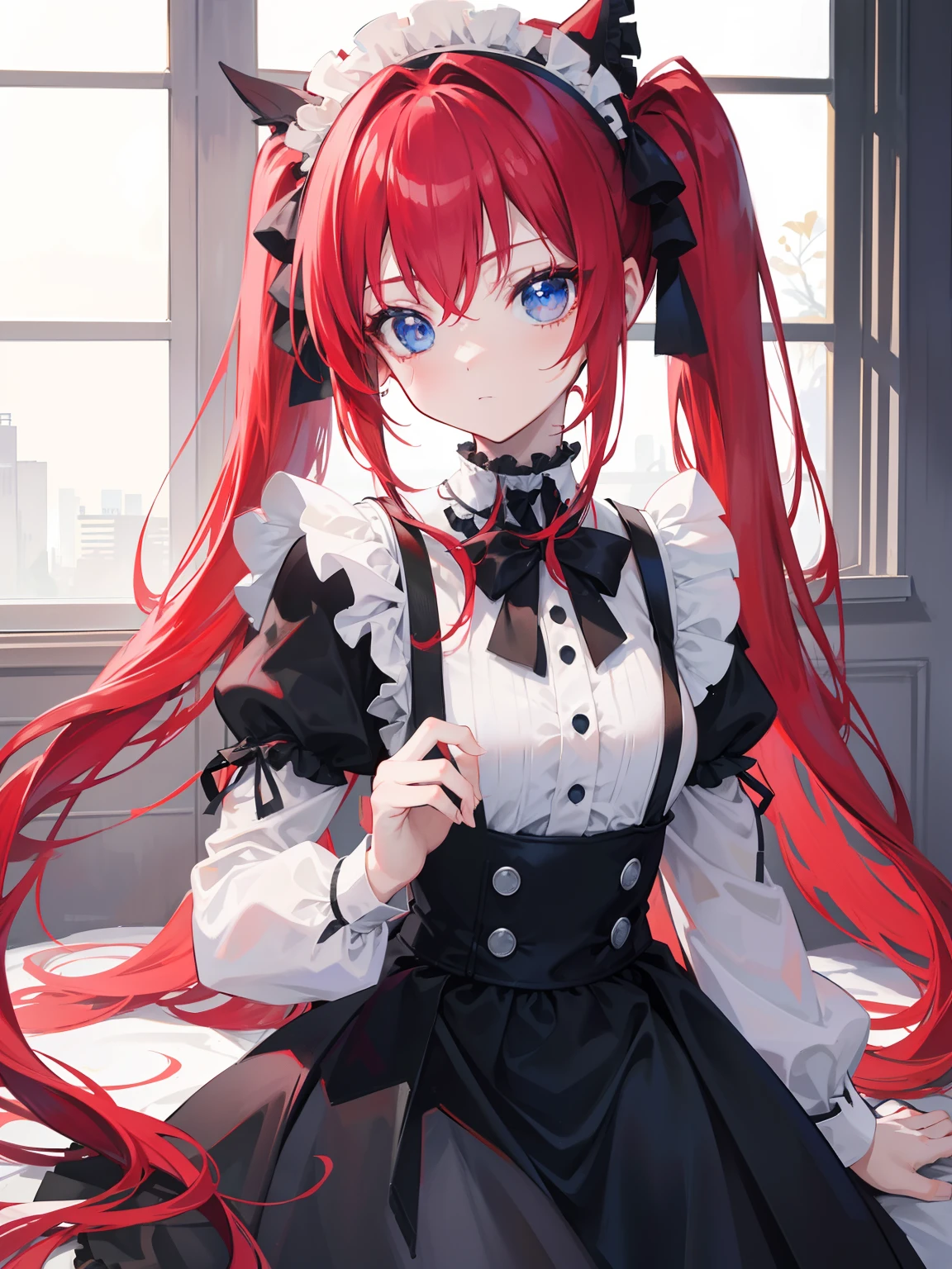 red hair,blue eyes,twintails,maid, long hair, long sleeves, gothic, solo, ,{{best quality}}, {{masterpiece}}, {{ultra-detailed}}, {illustration}, {detailed light}, {an extremely delicate and beautiful},