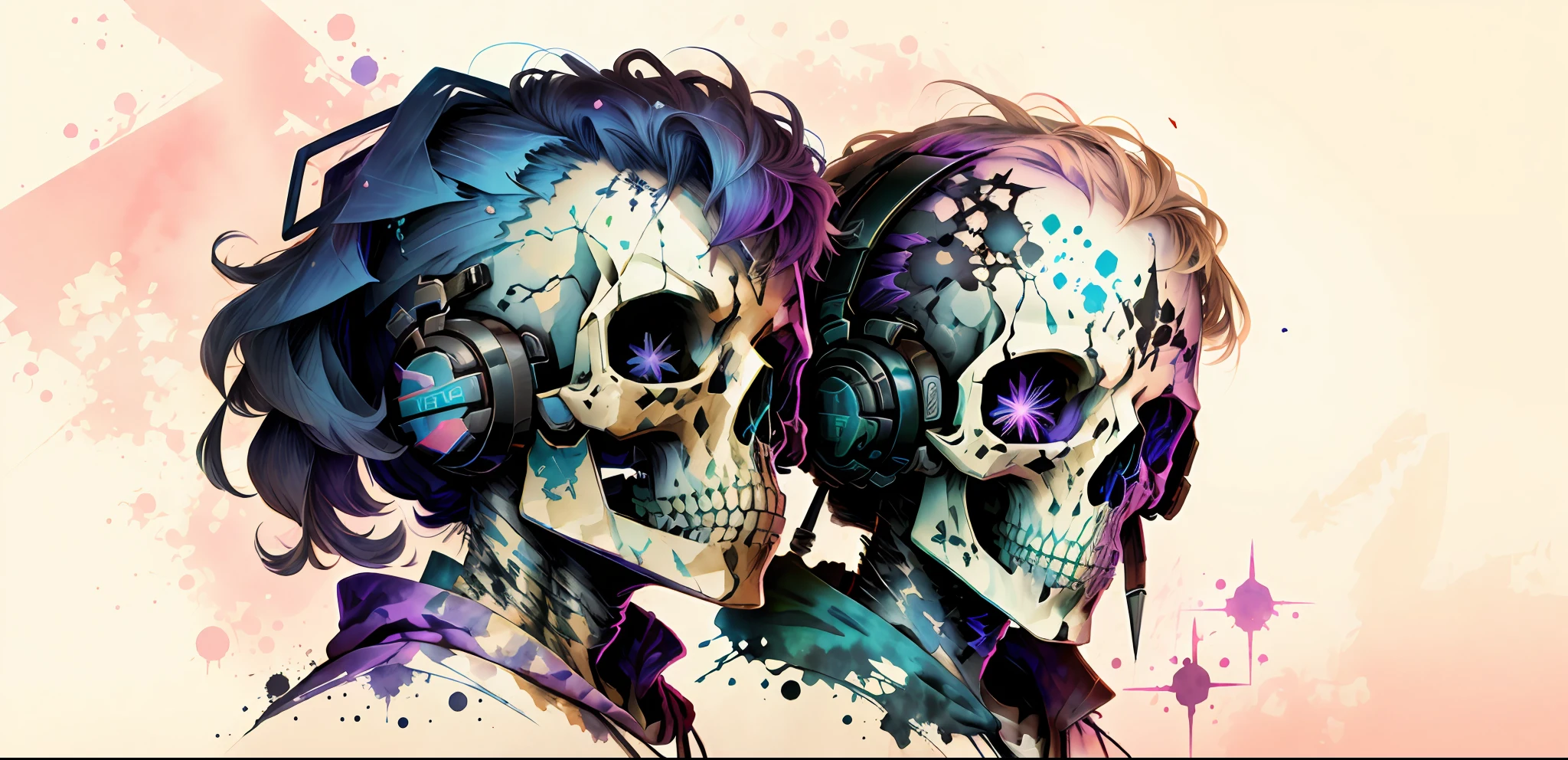 skull, woman, watercolor pencil (medium), argyle background, barn, science fiction soft science fiction, curious, chromatic aberration abuse,