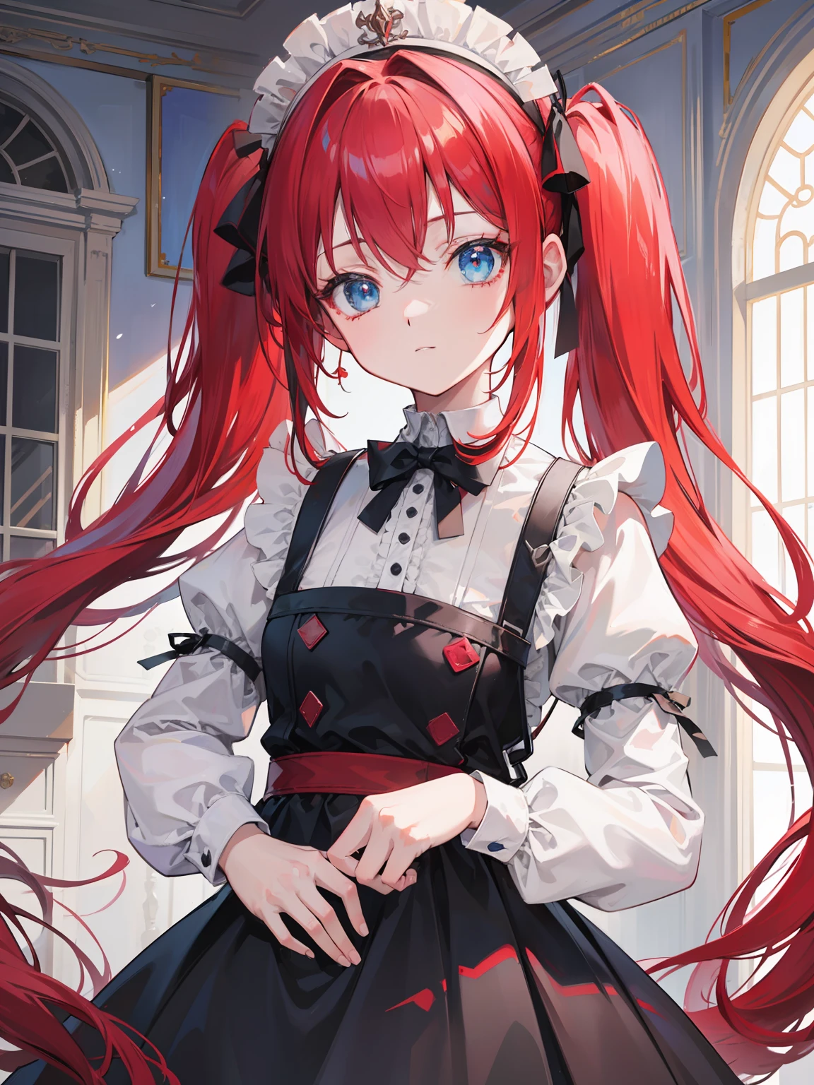 red hair,blue eyes,twintails,maid, long hair, long sleeves, gothic, solo, loli,{{best quality}}, {{masterpiece}}, {{ultra-detailed}}, {illustration}, {detailed light}, {an extremely delicate and beautiful},