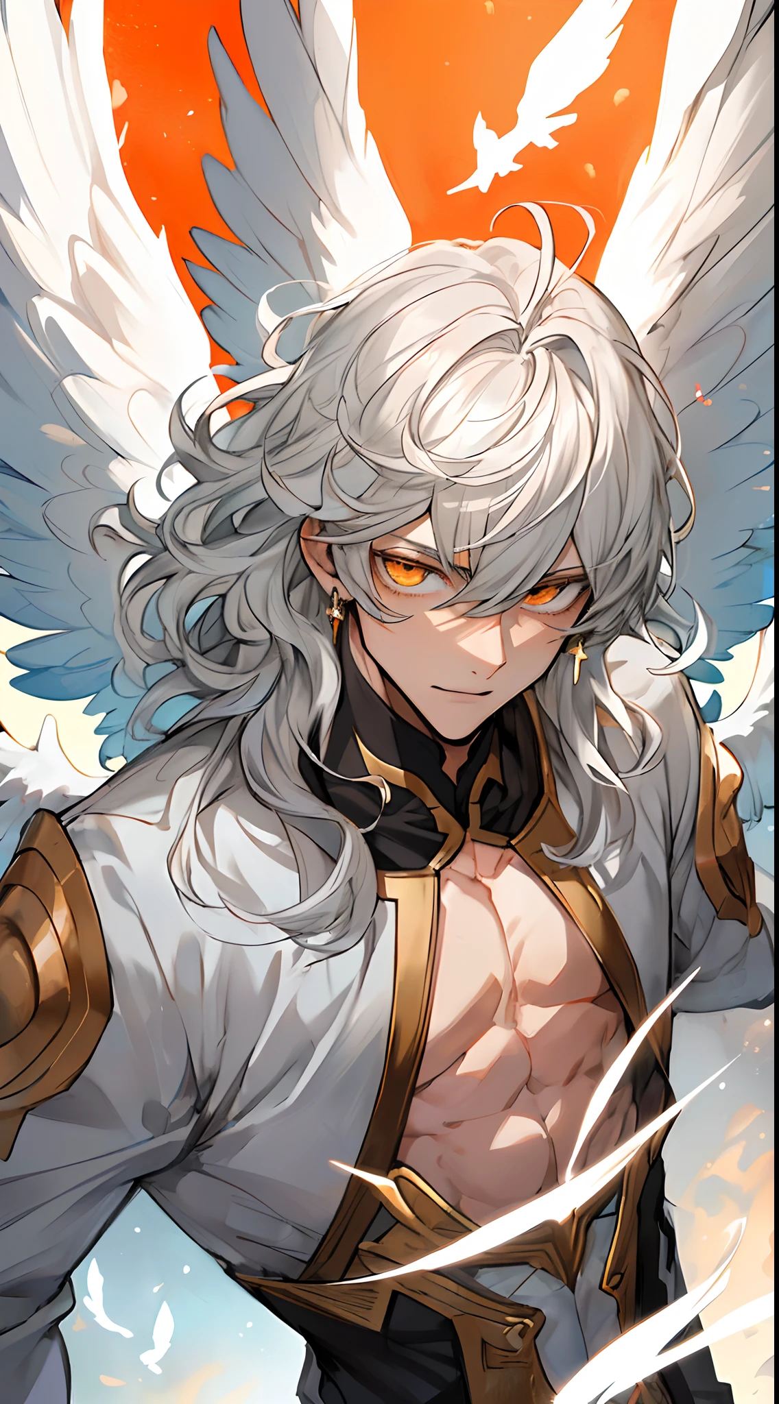 absurdres, (great composition), 1man, solo, MALE ONLY, MALE MODEL, adult, handsome, long wavy white hair, flying bangs, orange eyes, dynamic angle, dynamic lighting, well-built, white skin, refined, handsome_male, angelic messenger, feathered wings, celestial realm, divine messages, Grace, Purity, Compassion, perfect face, perfect skin