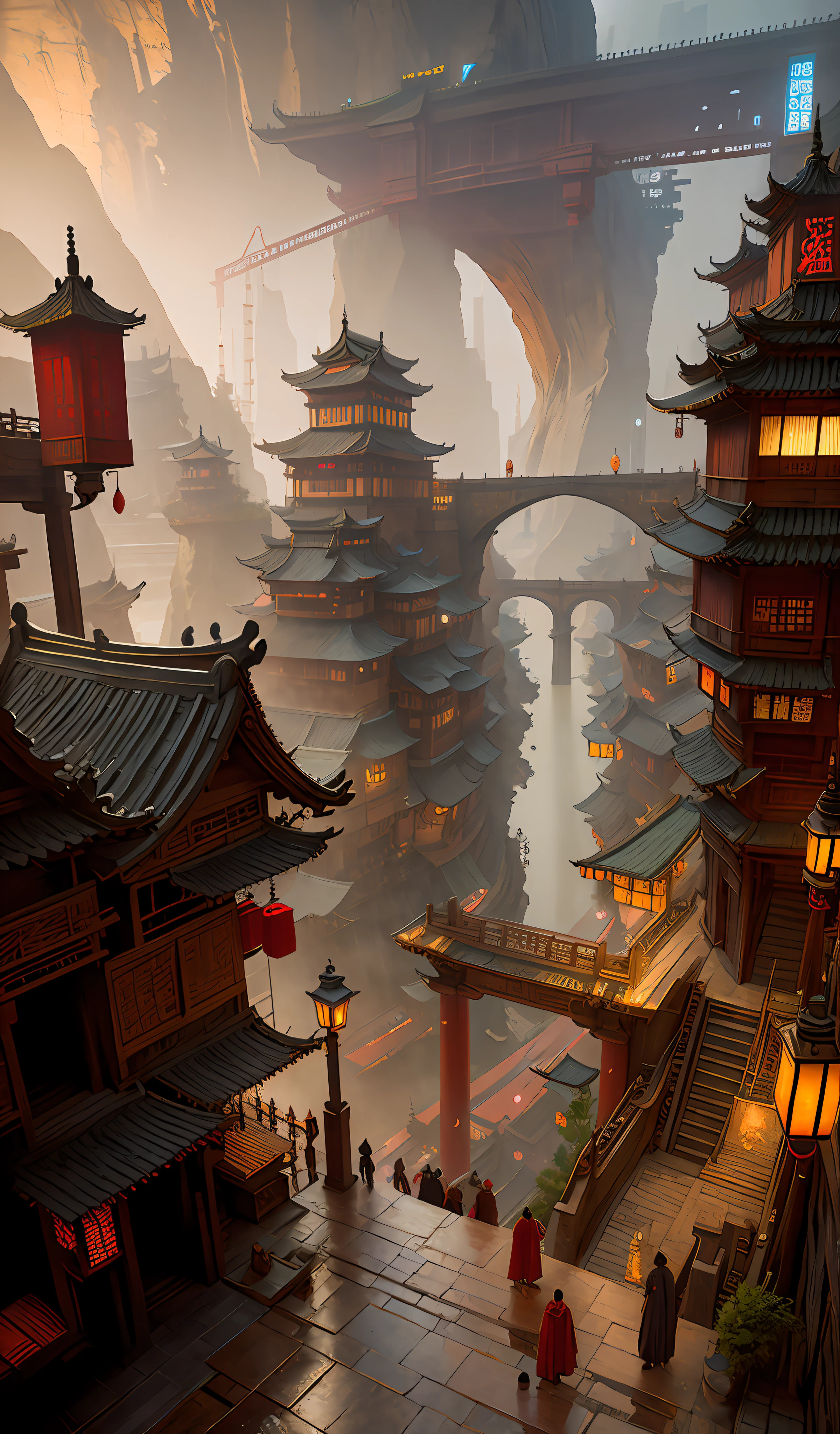 ((masterpiece)),((best quality)),((high detial)),((realistic,))
Industrial age city, deep canyons in the middle, architectural streets, bazaars, Bridges, rainy days, steampunk,  Chinese architecture，During the Tang Dynasty of China, people wore Hanfu in the streets, the streets were hung with red lanterns, Chinese New Year
