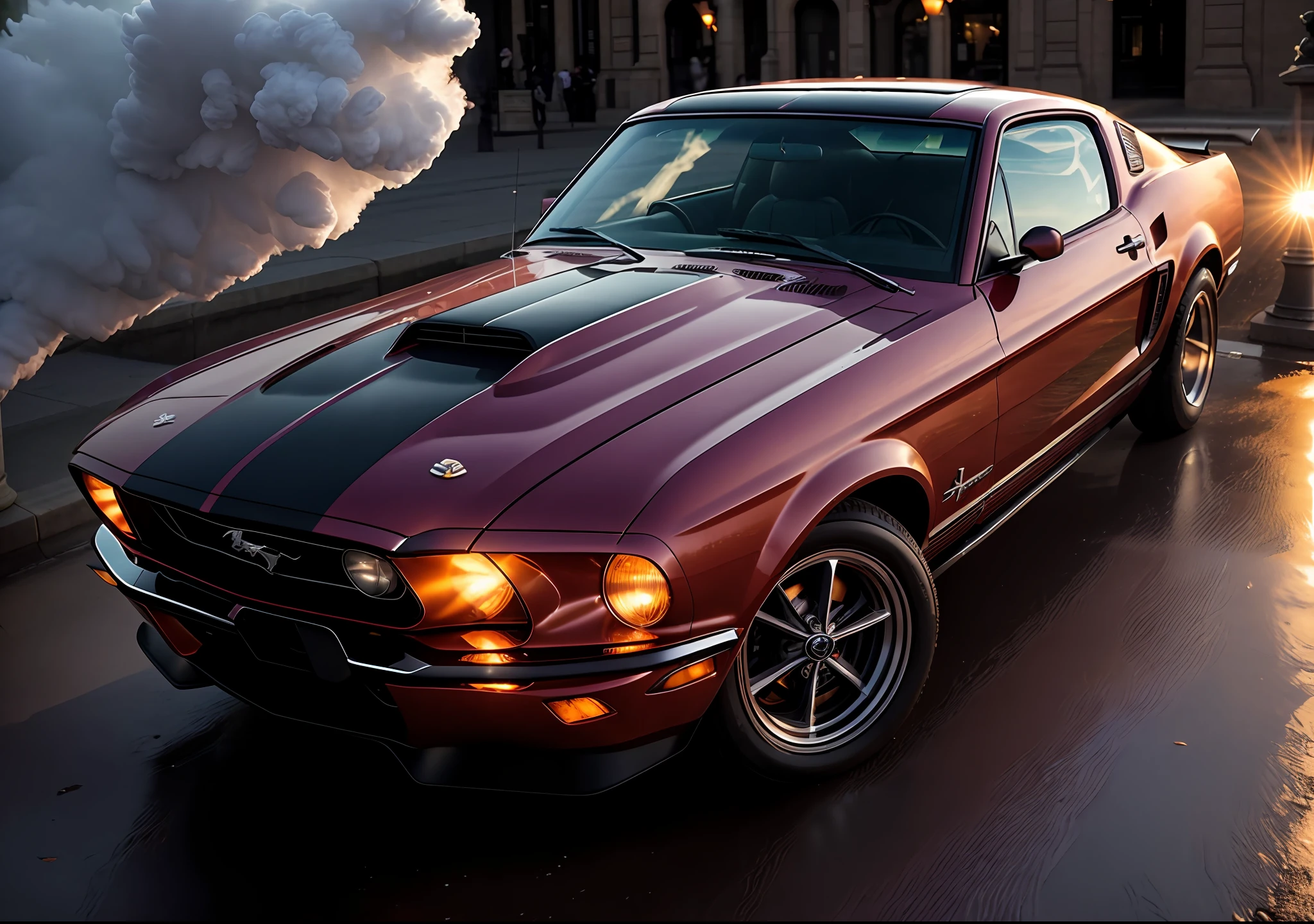 perfect masterpiece photo, very dynamic close shot of CAR:[Ford Mustang Mach 1]:1.5  [A car driving through a city that seems to be made entirely of clouds, the mist enveloping the buildings in a soft embrace.] in place of A historic town square with a statue or fountain as a centerpiece in the moment of Noon: The sun is high in the sky, casting harsh shadows and creating a heat that seems to seep into everything. The world is at its busiest, with people rushing to complete their daily tasks. The air is full of the scent of food and the sounds of conversation. cinematic lighting of A dark, stormy night illuminated by a single, flickering streetlamp., 8K, HQ, Highly detailed, ultra realistic, hyper-realistic with dominance of Rust: A warm, reddish-brown color that is reminiscent of autumn leaves. photo is made with Nikon AF-S Nikkor 200-500mm f/5.6E ED VR - super telephoto zoom lens for wildlife and bird photography by greg rutkowski,  strange, intricate, showing details, sharpen image