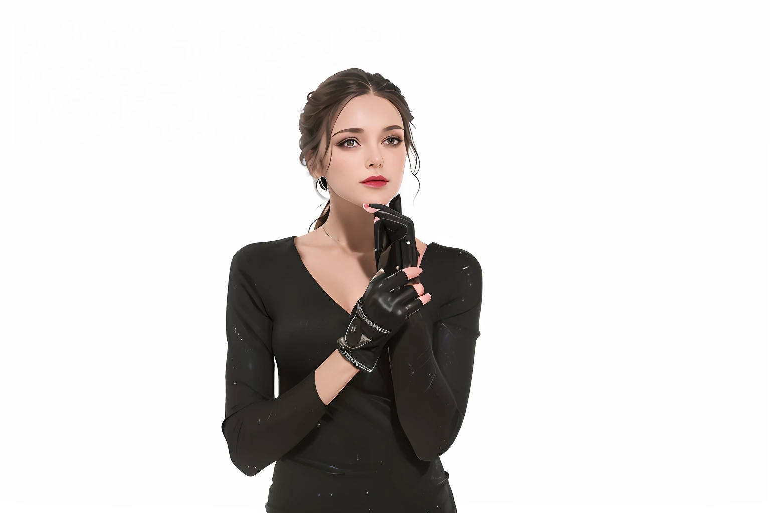 Arapei woman holding cell phone in black dress and gloves, black leather slim clothes, Black leather gloves, gloves and jewelry. Exercise, Leather gloves, Femme, Black Wright gloves, Black gloves, 2 0 2 0 fashion, 5 d, 5D, Wearing gloves, Fingerless gloves, wearing gothic accessories, wearing modern gothic clothes, Gloves on the hands