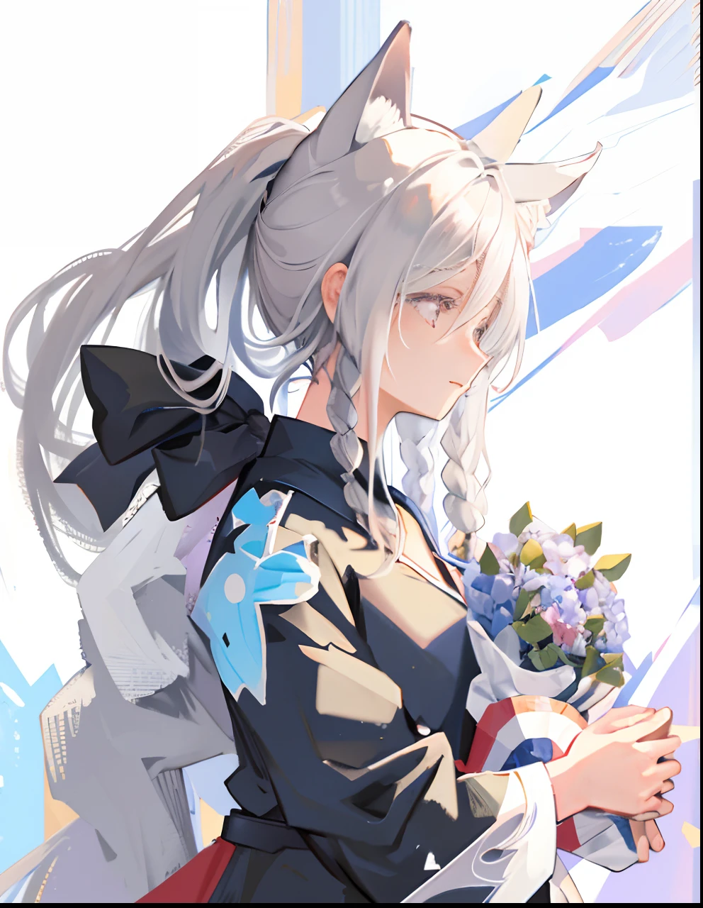 Anime girl with long white hair and black jacket holding flowers, Silver hair (pony tails), White-haired fox, From Arknights, beautiful anime catgirl, anime girl profile, anime girl with cat ears, with index finger, female anime character, anime figure, cute anime catgirl, (Anime girl), An anime girl, Kantai collection style