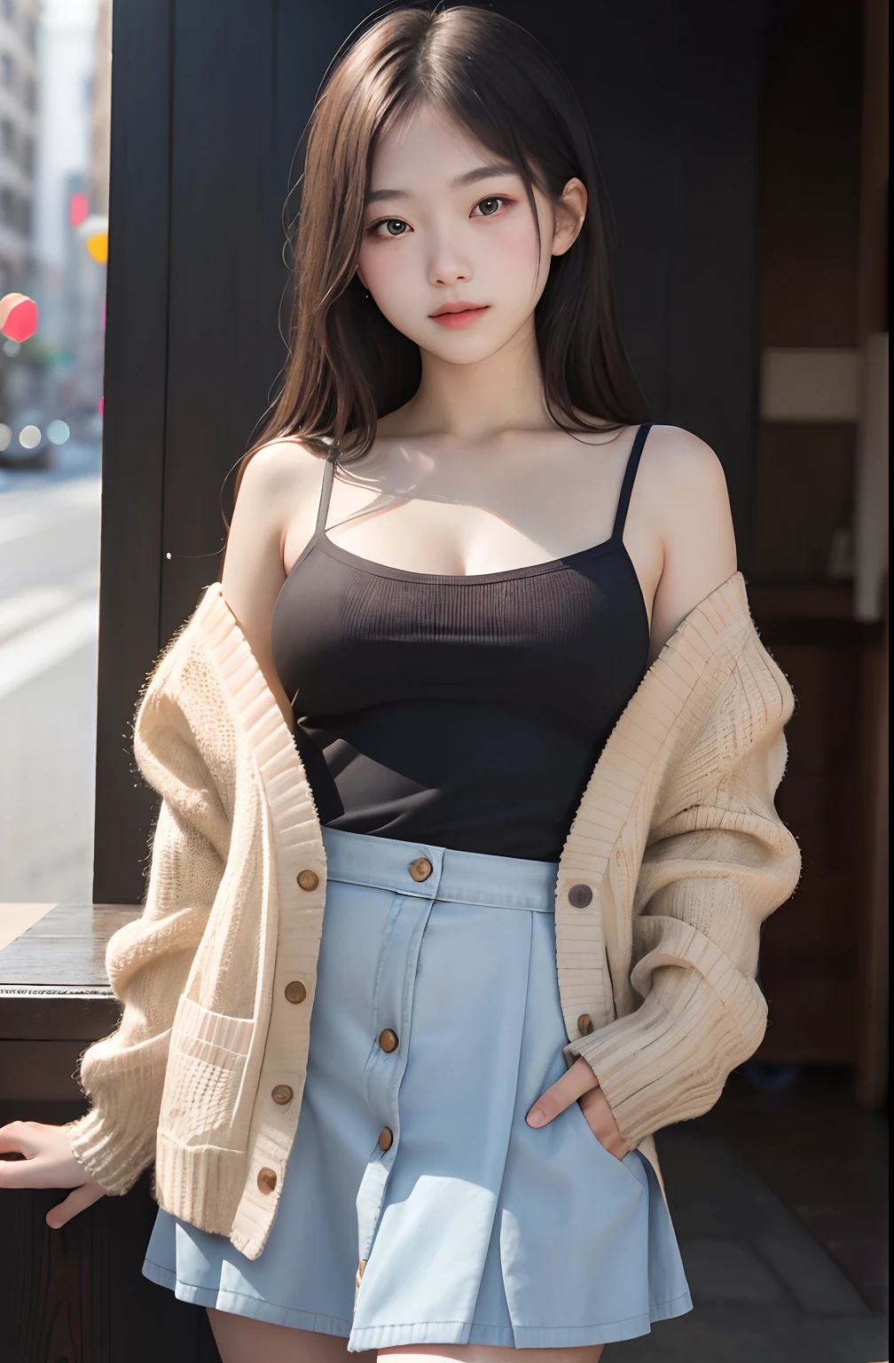 1girl, cute, 16 years old, seductive expression, look at viewer, spaghetti strap top ,high waist short skirt, photo, realistic, best quality, hires, detailed face, detailed background, diffused lighting, depth of field, bokeh, cardigan