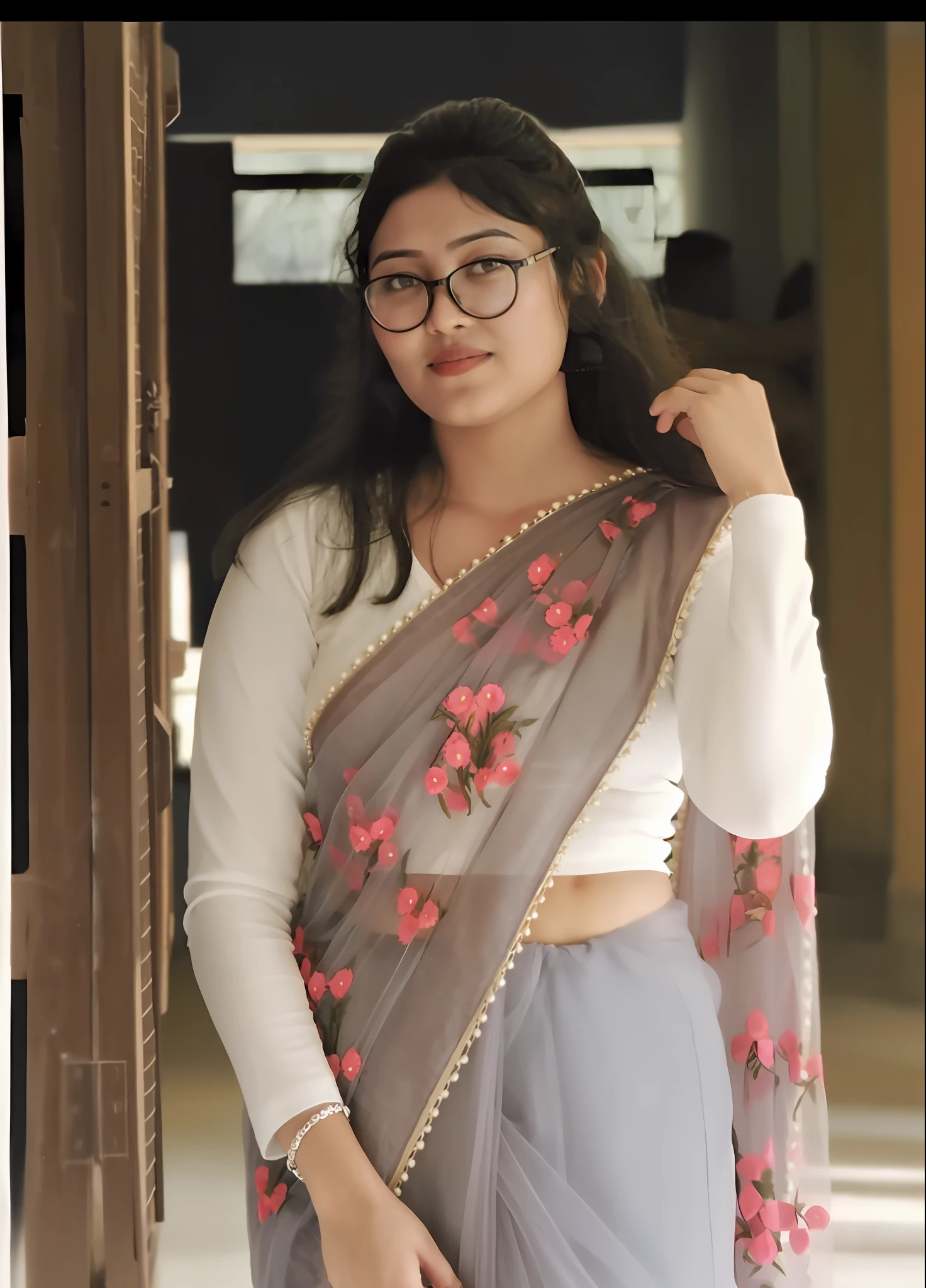 a close up of a woman wearing a bikini and glasses, assamese aesthetic, with lovely look, candid picture, traditional beauty, wearing beautiful clothes, dressed in a sari, wearing a sari, young and cute girl, candid photo, dressed with long fluent clothes, at college, wearing sari, student, inspired by Saurabh Jethani, dressed with fluent clothes