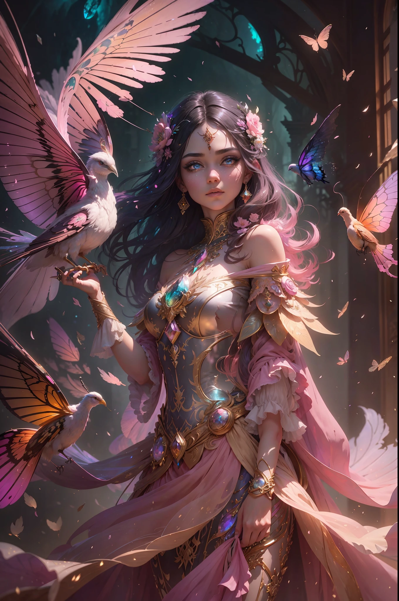 (((masterpiece))), (((best quality))), ((ultra-detailed)),(highly detailed CG illustration), ((an extremely delicate and beautiful)),cinematic light, Create a stunning fantasy artwork that mimics the style of currently trending masters of the genre. The art piece should contain elements of both mythic fantasy and fairytale fantasy with colorful accents. ((Utilize various shades of pink and watercolor pastels as the main color scheme.)) The character in the artwork is a delicate but strong petite figure with an aura of mystery and magic. Pay close attention to intricate facial features, such as ((((mesmerizing eyes with vibrant colors and bold shading)))). The character's clothing should be designed with gossamer feathers, silk, stunning embroidery, and subtle iridescent details. Incorporate dreamy colors, dynamic lighting, and detailed background elements to create a sense of awe and immersion. Include colorful flying magical birds and jewel-toned butterflies radiating a magical aura. Consider the latest trends in fantasy art, such as incorporating unique lighting effects, exploring dynamic and compelling composition techniques, and experimenting with unique color palettes. Take inspiration from the top artists on ArtStation and Midjourney. Camera: Choose an angle that highlights the character's beauty and enhances the magical majesty of the artwork. Lighting: Utilize atmospheric lighting techniques to create depth and mood. Resolution: Aim for a high-resolution artwork to showcase intricate details and clarity. Art Inspirations: Seek inspiration from the trending artists on ArtStation, exploring different styles, genres, and themes.
