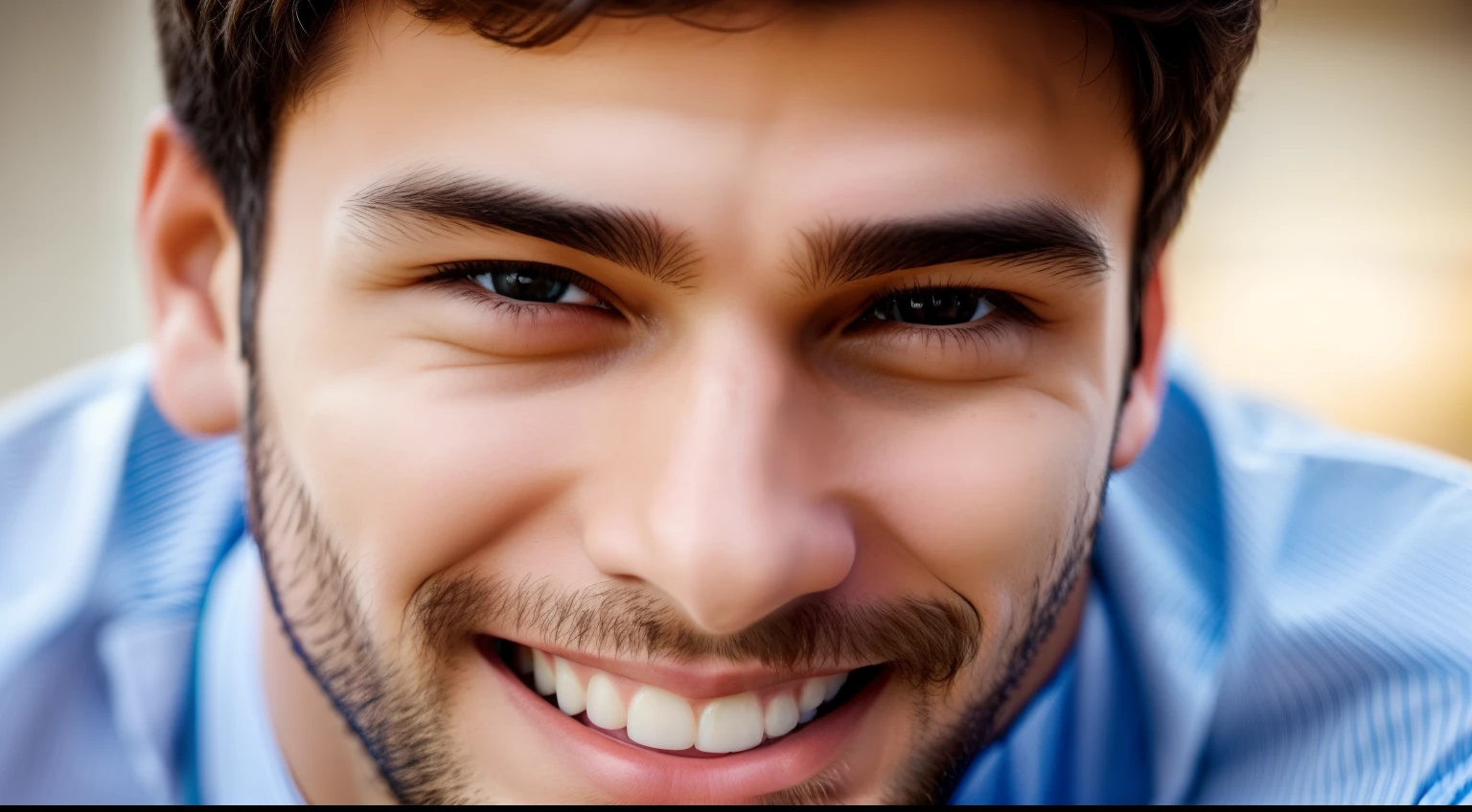 Close-up of the young man's face smiling with satisfaction.