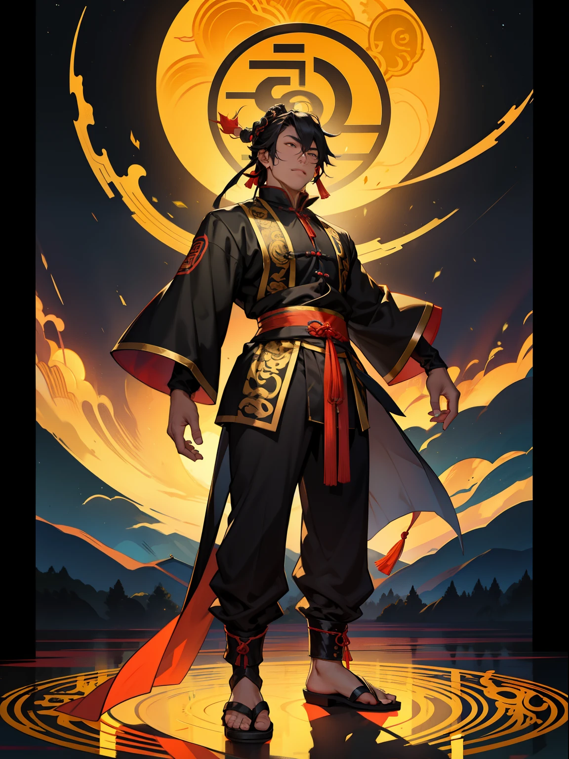 of a guy,Wearing a black Douluo costume,standing on your feet,nigth,Taoist
