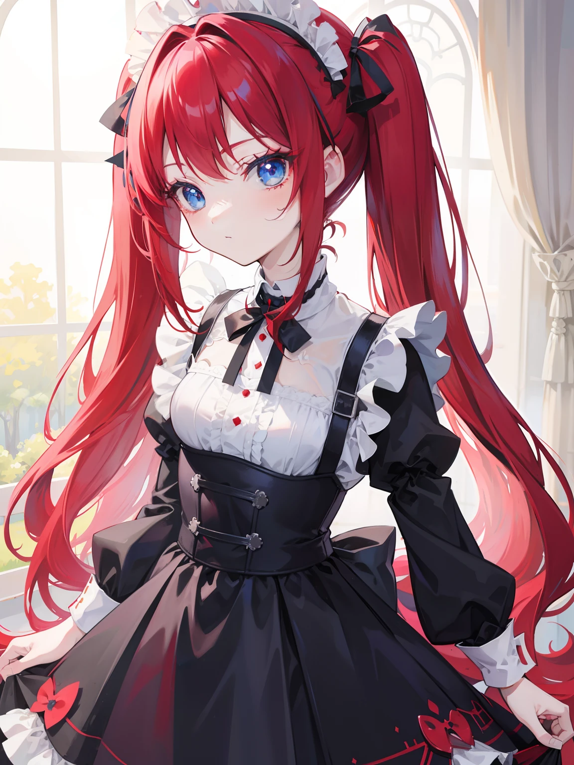 red hair,blue eyes,twintails,maid, long hair, long sleeves, gothic, solo, ,{{best quality}}, {{masterpiece}}, {{ultra-detailed}}, {illustration}, {detailed light}, {an extremely delicate and beautiful},