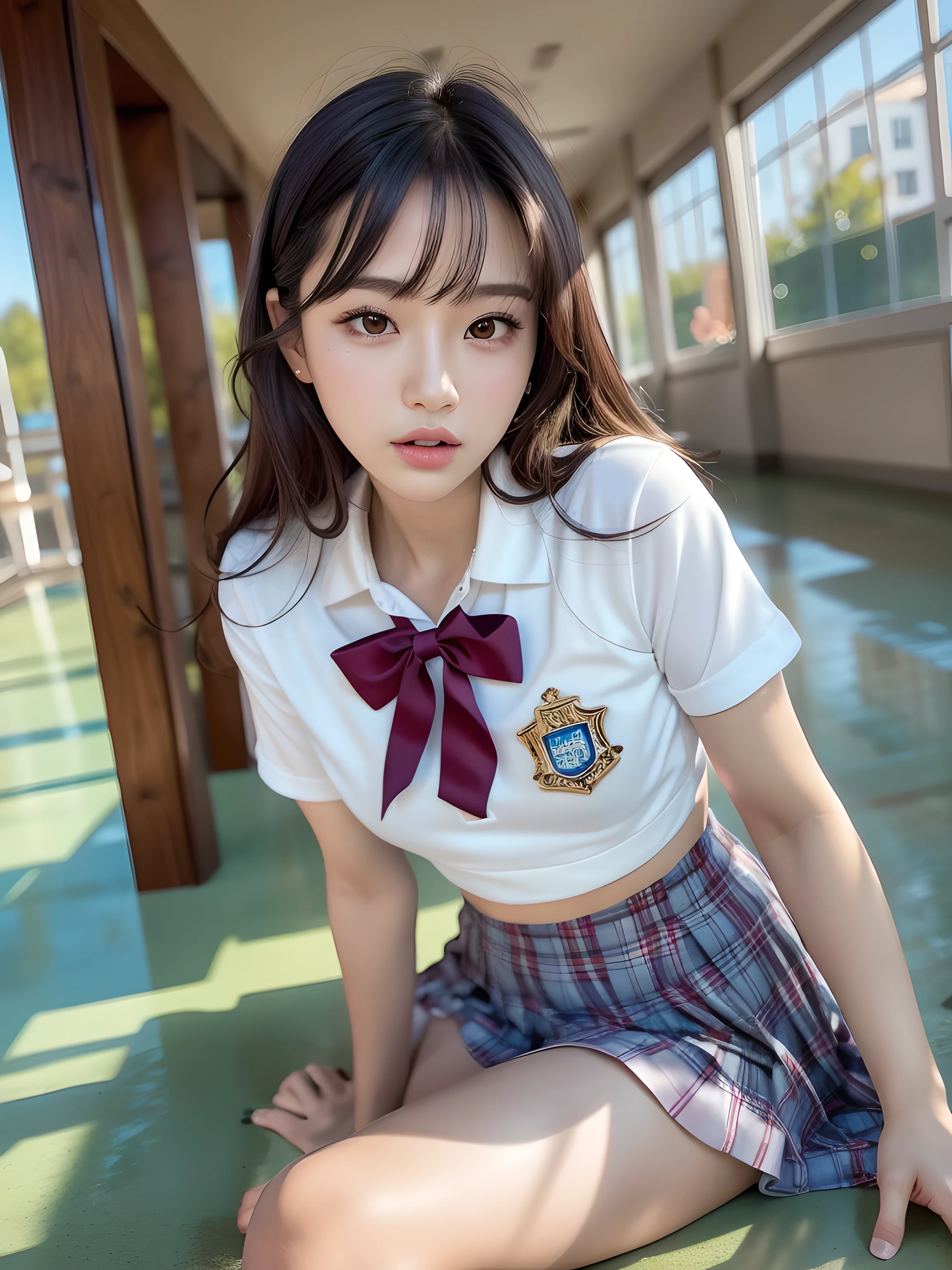 ((top quality, 8k, masterpiece: 1.3, raw photo)), Sharp Focus: 1.2, (1 kpop idol girl), (Realistic, Photorealistic: 1.37), (face focus: 1.1), cute face, ultra detailed face, small breasts, flat chest, brunette short messy hair, kindness, (sitting, cowboy shot, school uniform, thighs:1.2), school, sunlight, movie lighting