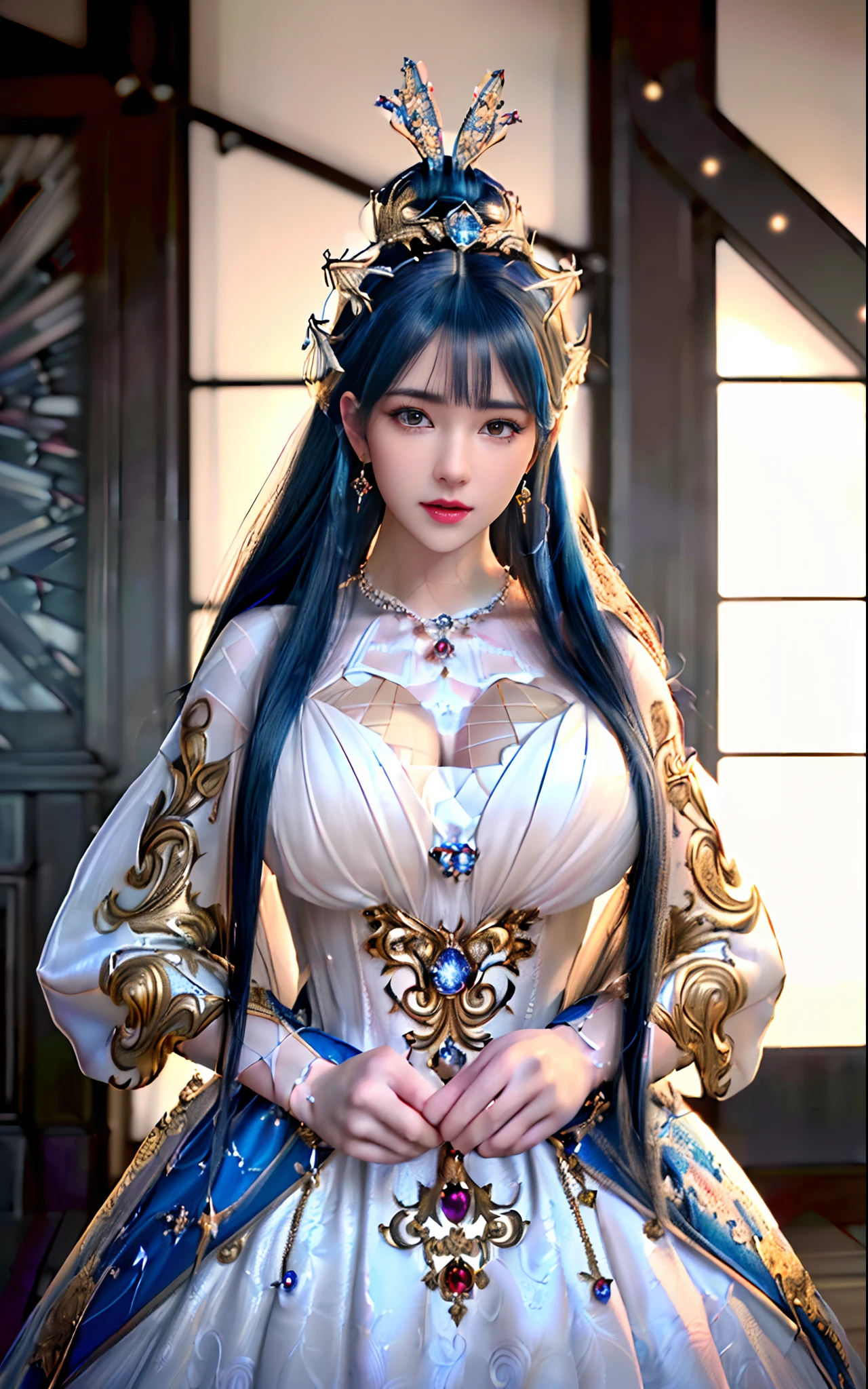 ((realisticity: 1.2)), ((realistic: 8K UHD)), ((best resolution: 8K UHD)), hyper detailed, best quality,masterpiece,highres,cg,
((1 hyper detailed and hyper realistic girl)), ((very beautiful queen dazzling, hyper realistic, and hyper detailed)),((white skin, beautiful, smooth, youthful, hyper realistic and hyper detailed
)), ((Hyper beautiful face, white, hyper realistic and hyper detailed)), long hair, ((hyper realistic and hyper detailed dress)), solo, ((hyper realistic, hyper beautiful, gorgeous and hyper detailed jewelry)), ((hyper beautiful, hyper realistic and hyper detailed dark red and golden yellow dress)),
((Hyper beautiful, hyper realistic, hyper detailed diamond filled earrings)),
  ((Hyper beautiful, hyper realistic and hyper detailed diamond filled hair ornament)), ((hyper beautiful upper body, hyper beautiful, hyper 
 realistic and hyper detailed)), ((big breasts: 2.5)), 
((Hyper grand, hyper realistic and hyper detailed royal palace backgroun))
((Hyper beautiful, hyper beautiful, hyper realistic and hyper detailed hair bun)), ((hyper beautiful, hyper realistic and hyper detailed blue hair)),
candid, Photograph, high resolution, 8k,Bokeh,