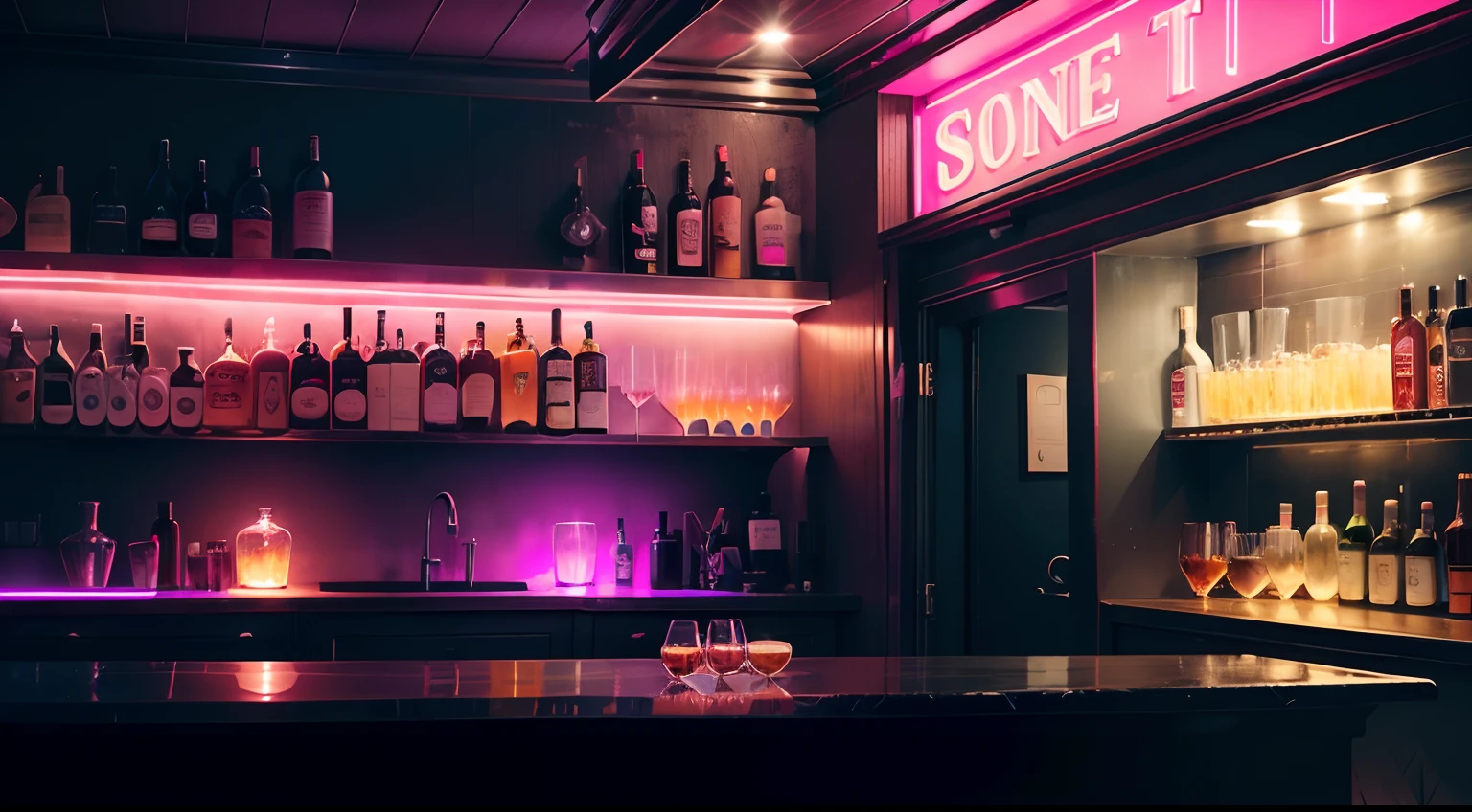 Bar counter,Unmanned illustration,Whisky lined up,Pink neon lights are glowing,subsurface,Mixed Pub,Elongated counter