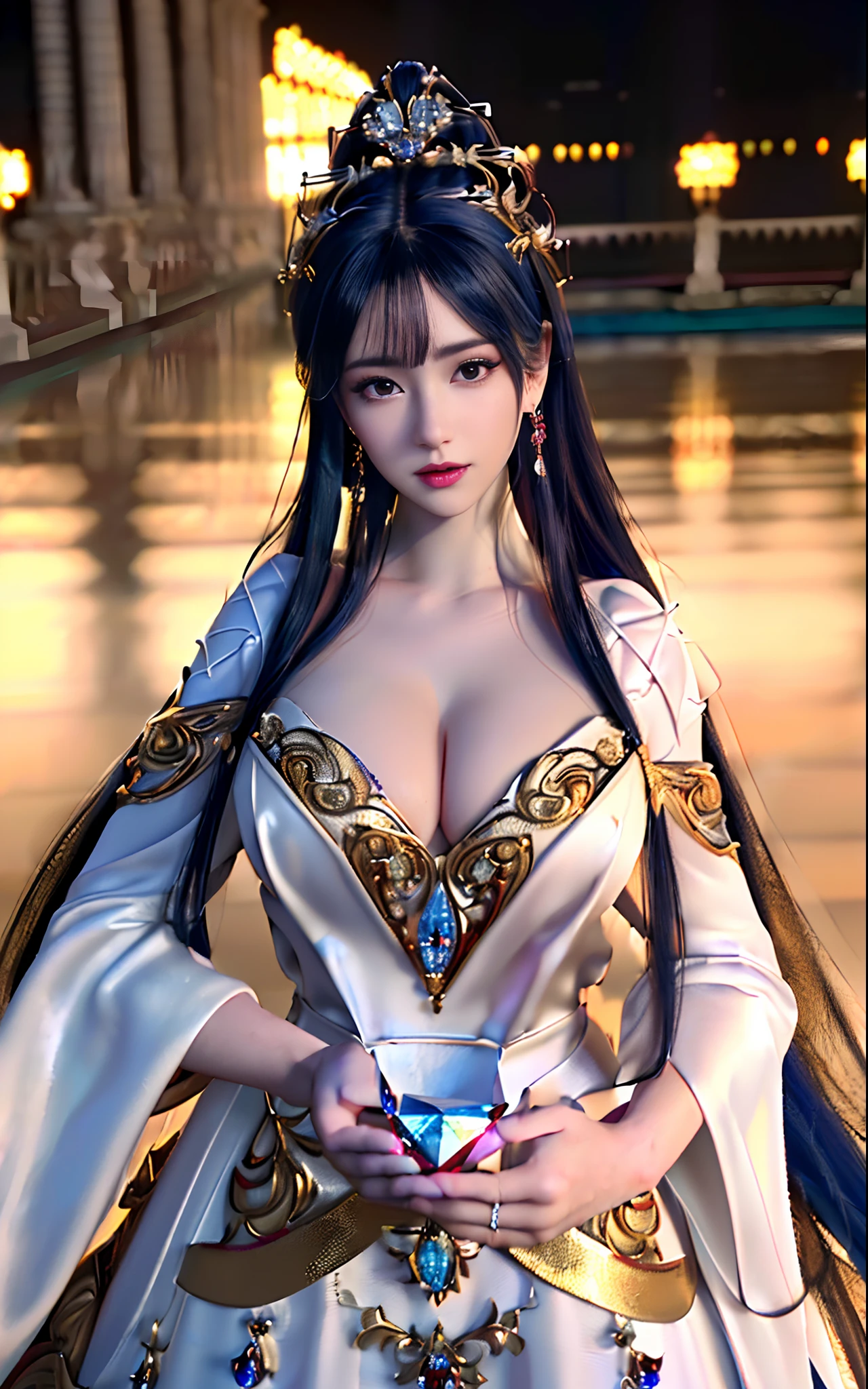 ((realisticity: 1.2)), ((realistic: 8K UHD)), ((best resolution: 8K UHD)), hyper detailed, best quality,masterpiece,highres,cg,
((1 hyper detailed and hyper realistic girl)), ((very beautiful queen dazzling, hyper realistic, and hyper detailed)),((white skin, beautiful, smooth, youthful, hyper realistic and hyper detailed
)), ((Hyper beautiful face, white, hyper realistic and hyper detailed)), long hair, ((hyper realistic and hyper detailed dress)), solo, ((hyper realistic, hyper beautiful, gorgeous and hyper detailed jewelry)), ((hyper beautiful, hyper realistic and hyper detailed dark red and golden yellow dress)),
((Hyper beautiful, hyper realistic, hyper detailed diamond filled earrings)),
((Hyper beautiful, hyper realistic and hyper detailed diamond filled hair ornament)), ((hyper beautiful upper body, hyper beautiful, hyper
realistic and hyper detailed)), ((big breasts: 2.5)),
((Hyper grand, hyper realistic and hyper detailed royal palace backgroun))
((Hyper beautiful, hyper beautiful, hyper realistic and hyper detailed hair bun)), ((hyper beautiful, hyper realistic and hyper detailed blue hair)),
candid, Photograph, high resolution, 8k,Bokeh,