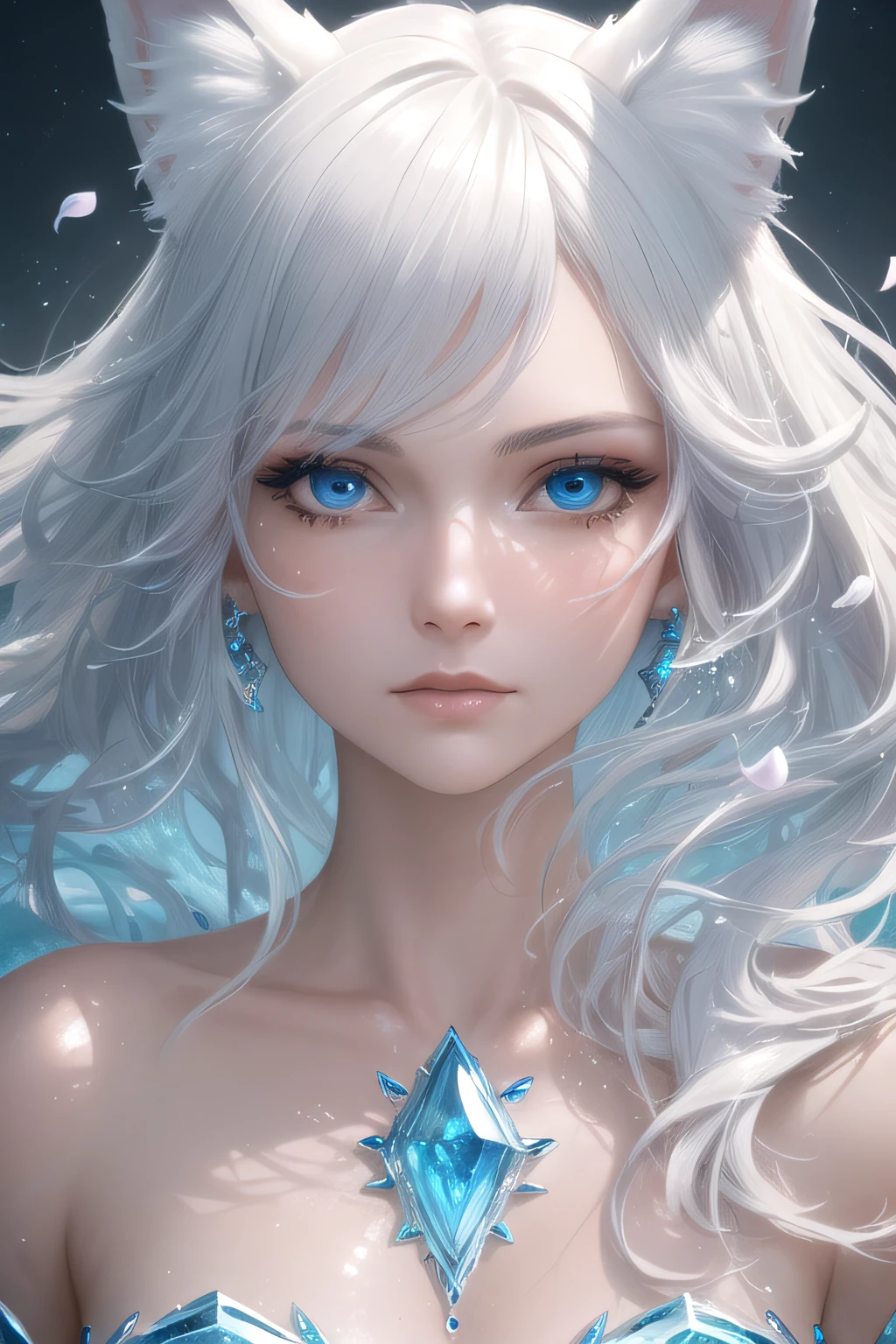 Masterpiece, Best quality, offcial art, Extremely detailed CG 8k wallpaper, (flying petal) (detailed ice) , crystals texture skin, Cold expression, ((Fox ears)), White hair, Long hair, Messy hair, eBlue eyes, view the viewer, Extremely delicate and beautiful, water, ((beauty detailed eye)), Highly detailed, Cinematic lighting, ((Beautiful face), fine water surface, (original figure painting), ultra - detailed, Incredibly detailed, (An extremely delicate and beautiful), Beautiful detailed eyes, (Best quality)