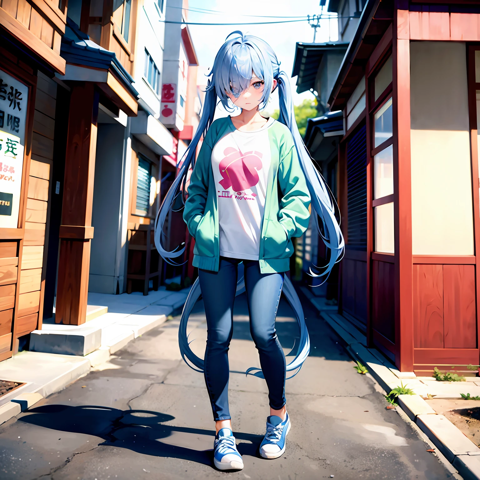 expressionless face、{hairstyle on:(one eye covered),(Cover your right eye),(blue hairs),Ahoge