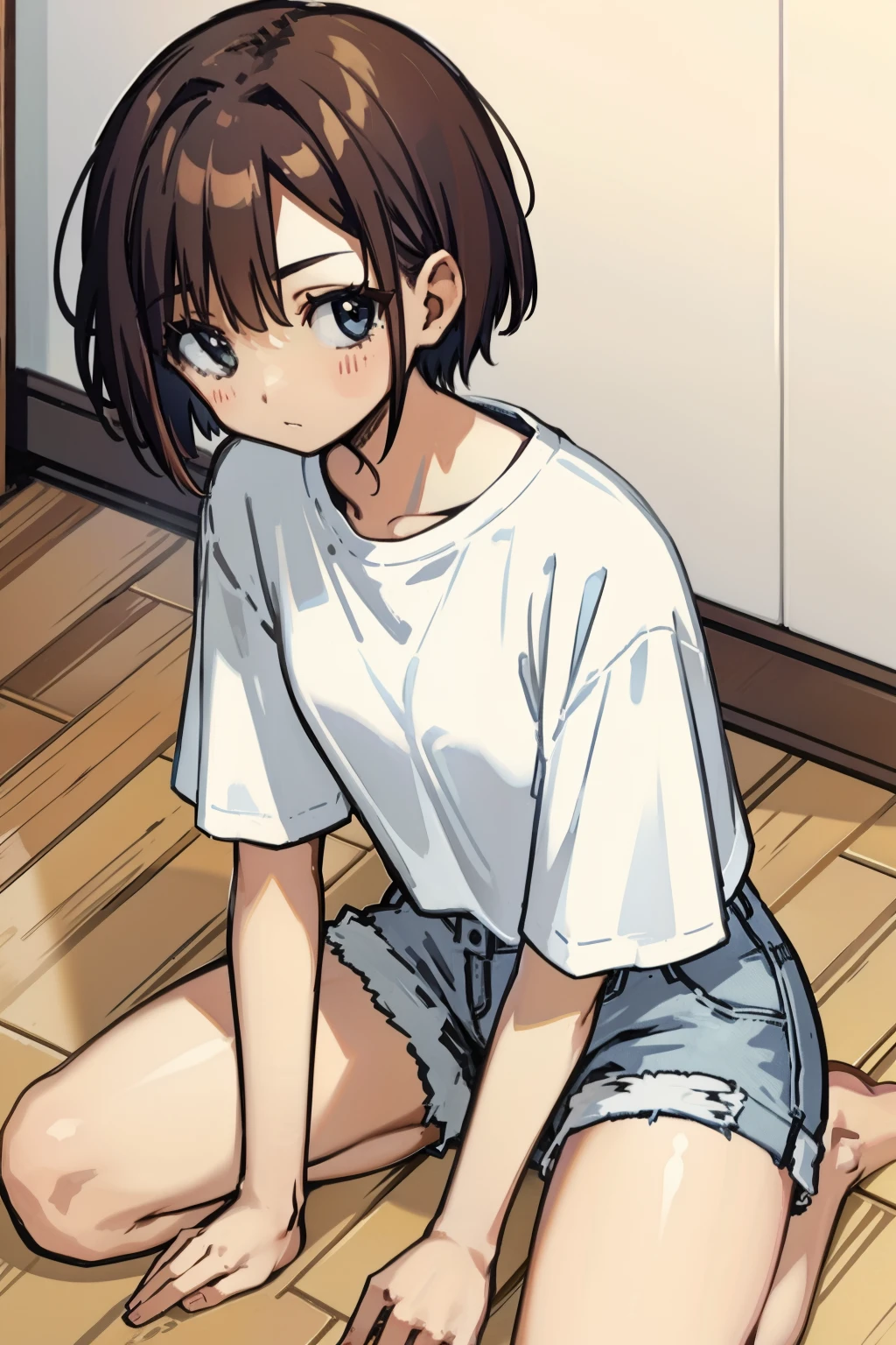 Short-haired girl on her back sitting on the floor wearing a white T-shirt and jean shorts