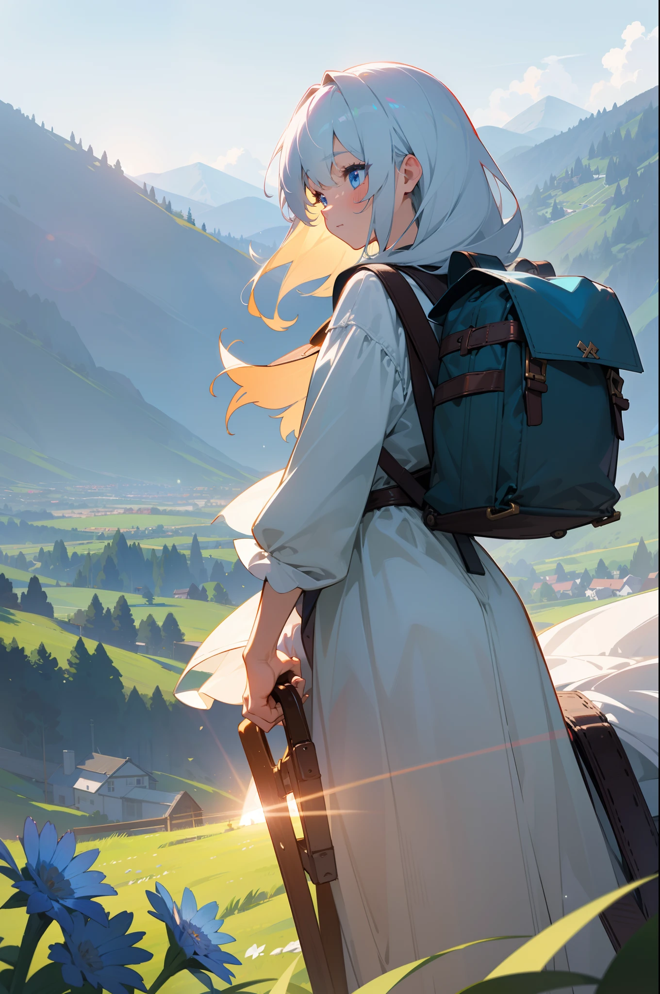 masterpiece,top-quality, Best Quality, the Extremely Detailed CG Unity 8K Wallpapers, Cinematic lighting, Lens Flare, Eyes in Beautiful Details, side glance, colorful light, Particle, portrait closeup,Cornflower Art、dream-like,hight resolution、volume illumination、contour deepening,Back lighting、Very detailed 8k wallpaper, hiking, Mountain scenery, Nature Appreciation, Climbing, Relaxation, mountainous setting, fresh air, (finely best quality illustration:1.2), (Kawaii Girl:1.1), (1girl in, Solo:1),gleaming skin, (Soft smile:0.7),Satchel Backpack,Carrying a school bag,equine,ride horse,Riding a horse,white hair girl,blue eyess,s girl