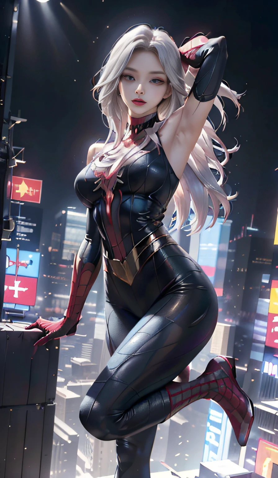 （tmasterpiece，4K分辨率，Ultra photo realsisim，The is very detailed），（White superhero theme，Glamorous，there's a girl on top of town，wearing Spider-Man costume，she is a superhero），[（（18yr old），（Long gray hair：1.2），full bodyesbian，（eBlue eyes：1.2），（（Spider-Man pose），（（sandy urban environment）：0.8）Dynamic pose，（view over city，the night，dynamic lights））] # illustrated：The Prompt mainly describes a 4K painting of ultra-high definition，Very realistic，The is very detailed。It showcases superheroines at the top of the city，wearing Spider-Man costume。The subject in the painting is a white superhero theme，The heroine has long white hair，The entire figure is shown in the painting，In terms of depicting the actions of superheroines，Show off your figure from head to toe，The whole body is in the picture，Carefully depict five fingers，high-heels