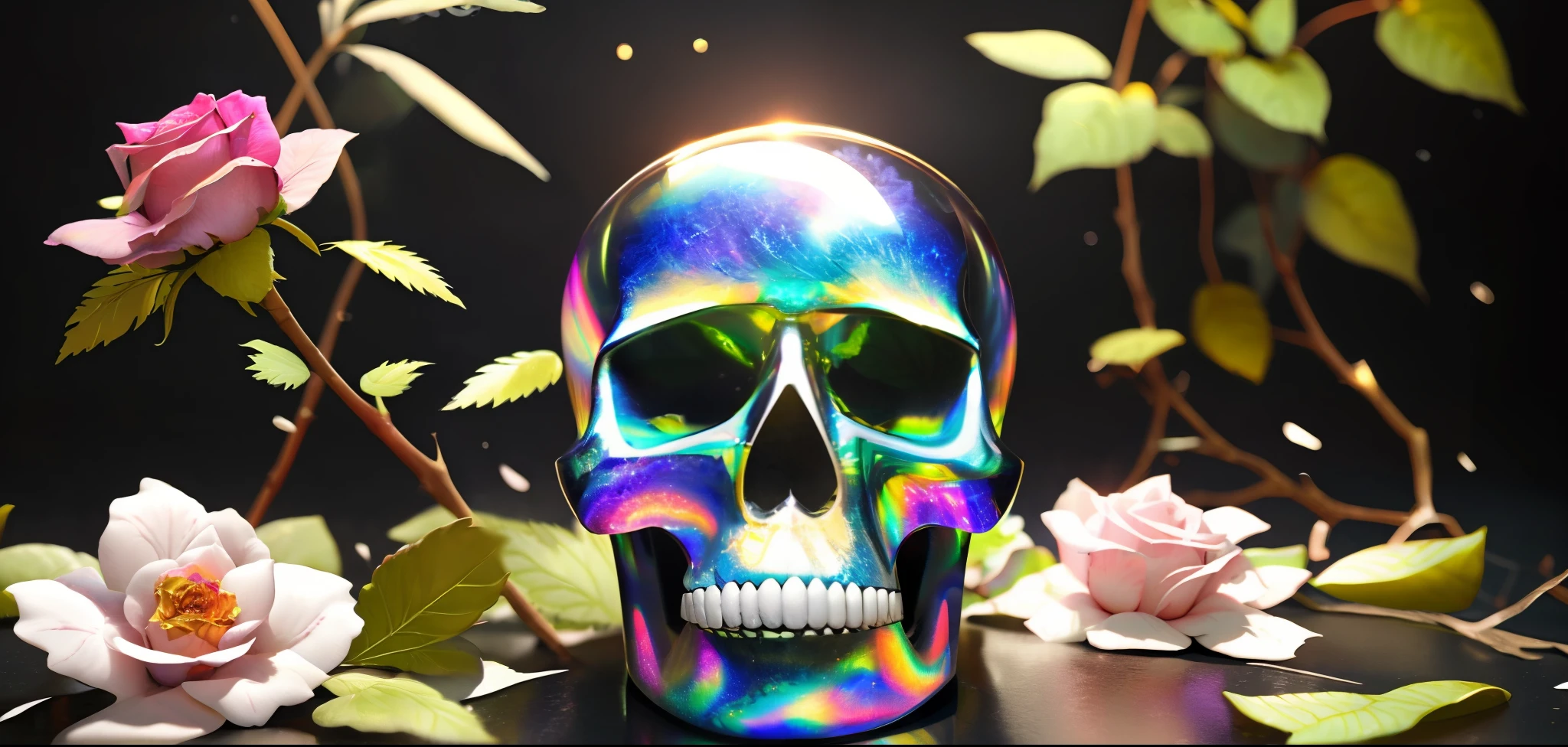 (Best quality),(masterpiece),(ultra detailed),(high detailed),(extremely detailed),realistic photo of a beaker of iridescent iridescent floating dreamy caustic iridescent crystal skull, deep-black background, backlit, ethereal, backlit crystal, swirling clouds, backlit soft rainbow colors, backlit soft bioluminescent flowers, soft thorns, roses, vines, leaves, marble carving, foggy ambience, soft light, soft mist, photorealistic, realistic rendering, hyperrealistic, ultra detailed, high definition, 8k
