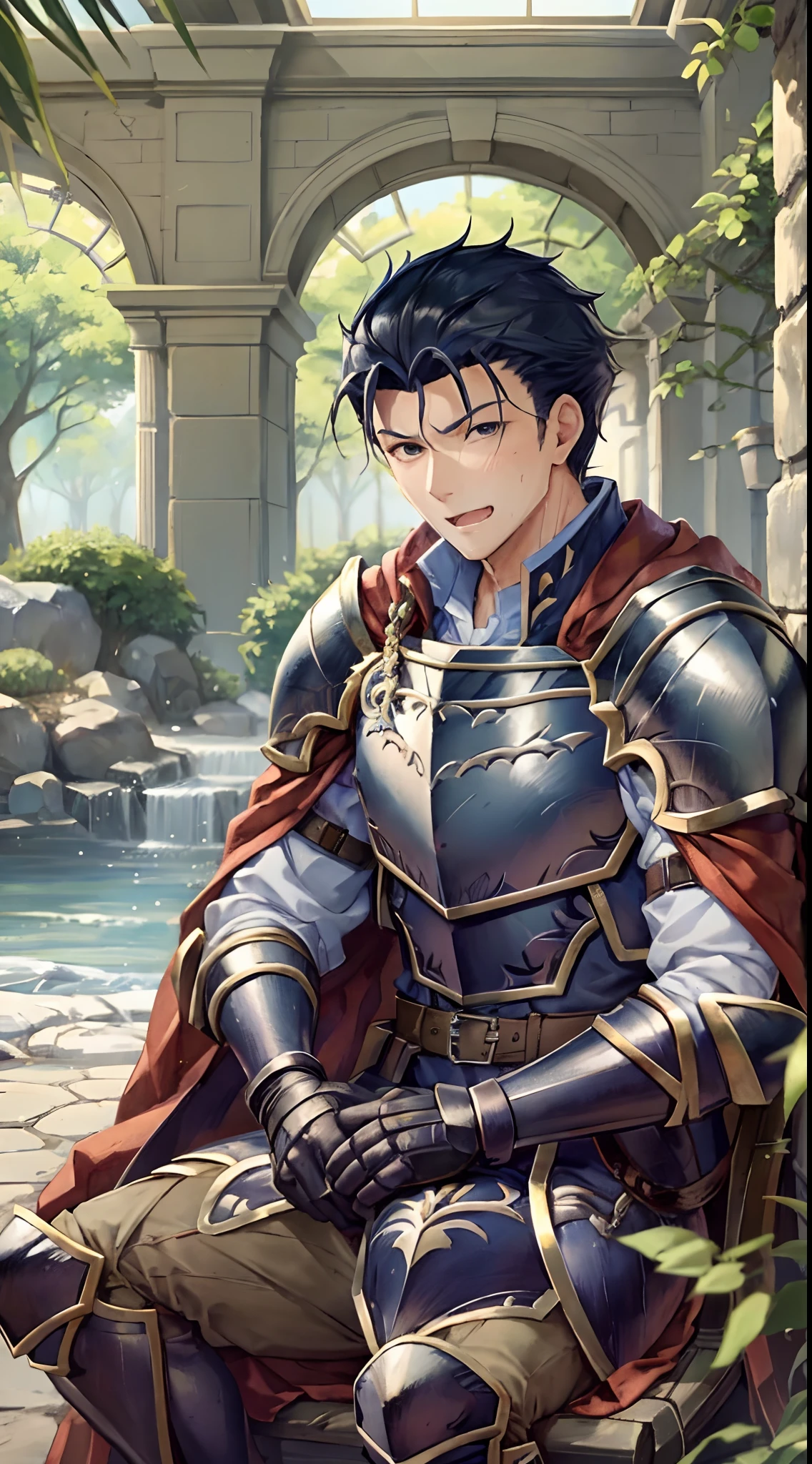 Hector Fey, 独奏, looking at viewert, Teasing laughter, Open your mouth,drools,perspire,Drenched,Get wet,mitts, 1 man, Male focus, sit astride(sit on chair),Cloak, Armour, Shoulder armor, look from down