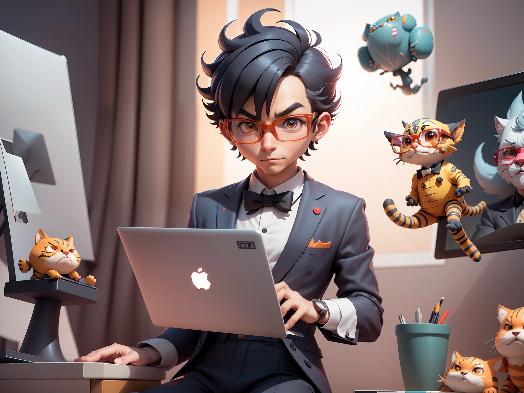 A young man in a suit, Short hair and glasses sat at his desk,holding laptop,digitial painting,tigre,3D character design by Mark Clairen and Pixar and Hayao Miyazaki and Akira Toriyama,4K HD illustration,Very detailed facial features and cartoon-style visuals。