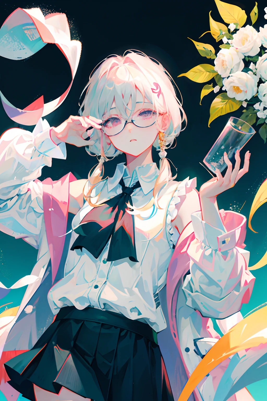 Best quality, 超高分辨率, (Photorealistic:1.4), 1womanl, sleeveless white button shirt, Black skirt, Black choker, ((Glasses)), (Kpop idol), (aegyo sal:1), (Platinum blonde hair Gray hair:1), ((Puffy eyes)), view the viewer, full bodyesbian, Flowers