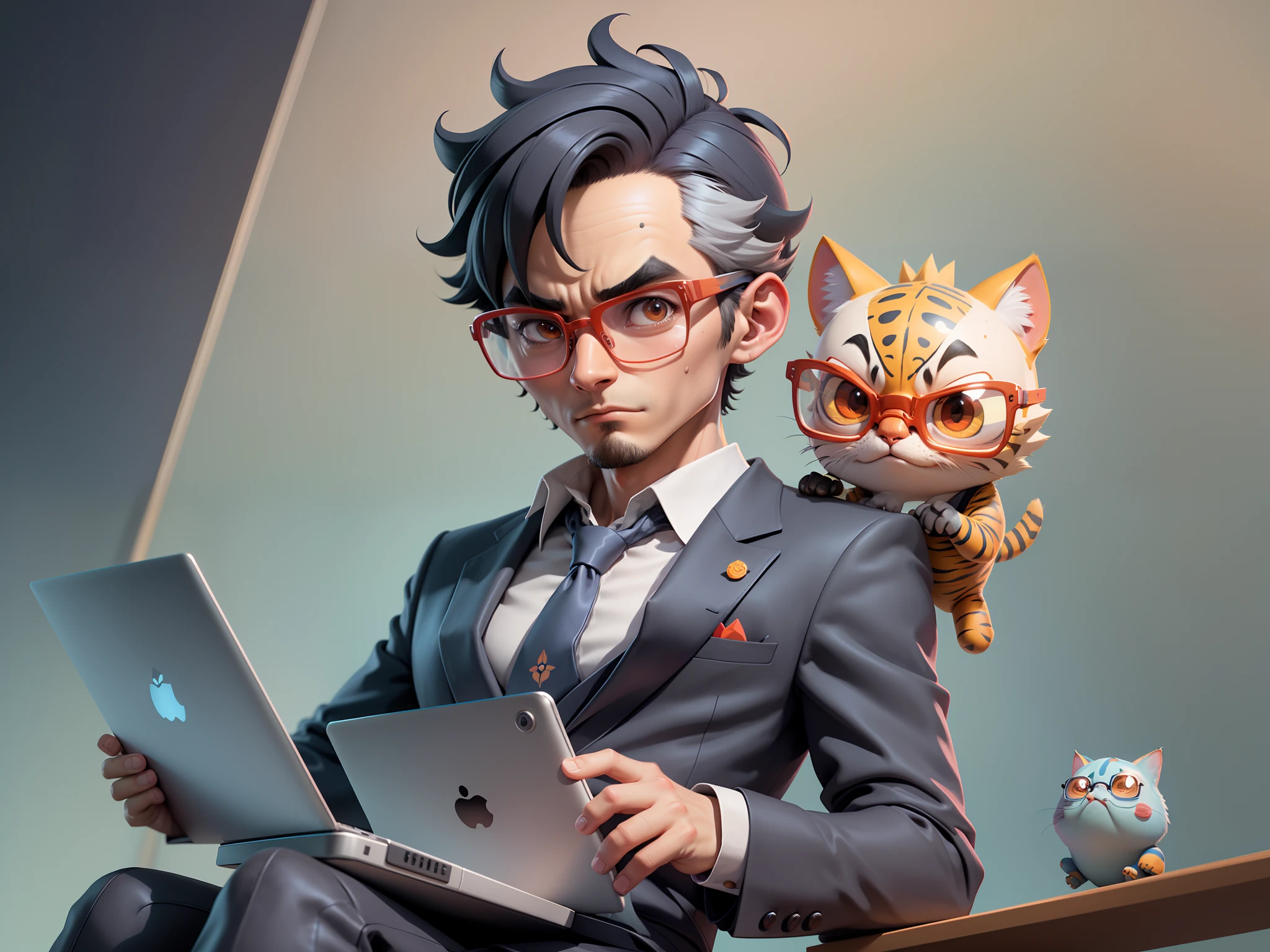 A young man in a suit, Short hair and glasses sat at his desk，holding laptop，digitial painting，tigre，3D character design by Mark Clairen and Pixar and Hayao Miyazaki and Akira Toriyama，4K HD illustration，Very detailed facial features and cartoon-style visuals。