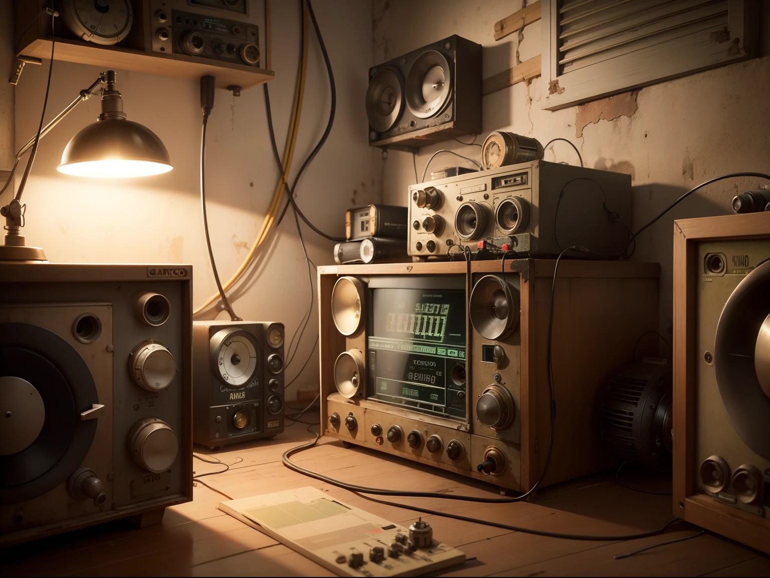 Radio antigo, microfone, caixa de som, cabos eletronicos, electronic valve, Vu´s meter analogic , Painel de Controle, short circuit, Steampunk