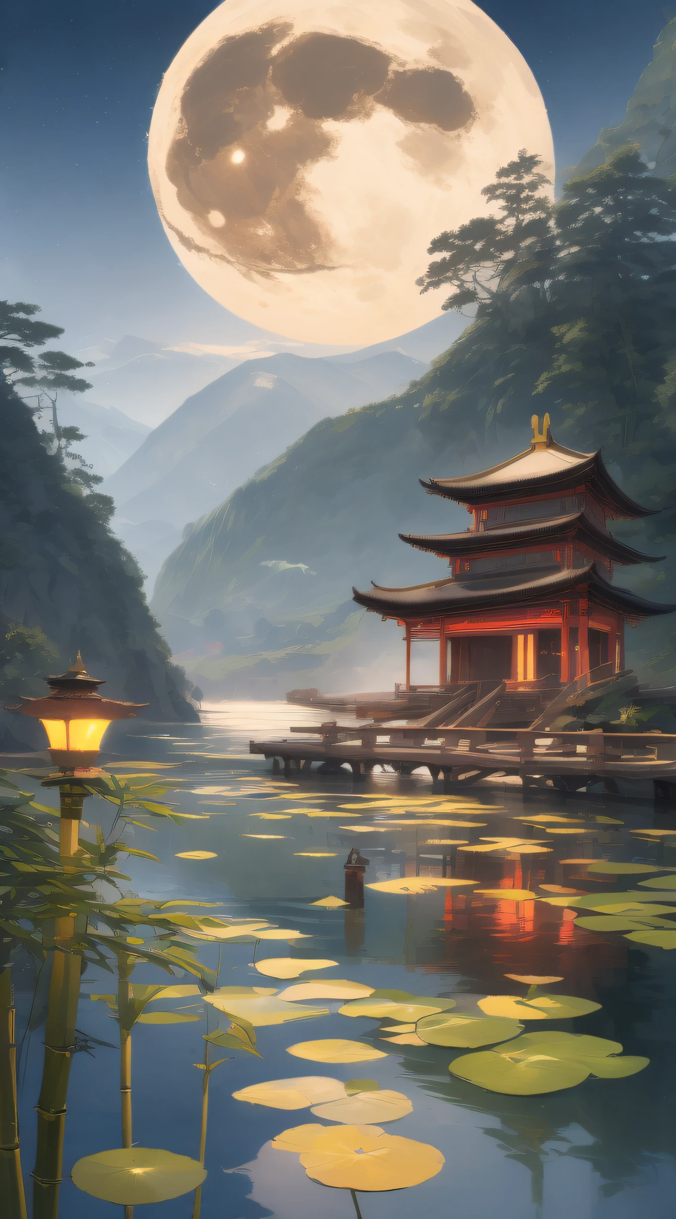 masterpiece, best quality, Chinese martial arts style, an Asian night scene with lanterns and water lilies, Asian lagoon with lanterns and boats night scene with many lights and boats on the water, lake surface, lotus flowers, beautiful night scene, ((Chinese martial arts style)))), with vast sky, continuous mountains and steep cliffs, inkwashing style, contour light, atmospheric atmosphere, depth of field, rising mist, bamboo, pine trees, octagonal stone pavilion, waterfall running water, large full moon, (No color), Monochrome, light color,