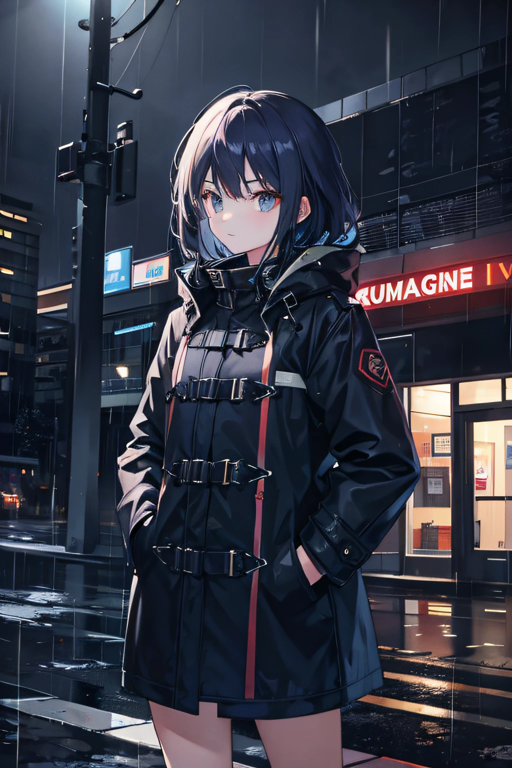 1girl, Night City, rain, coat, hands in pockets