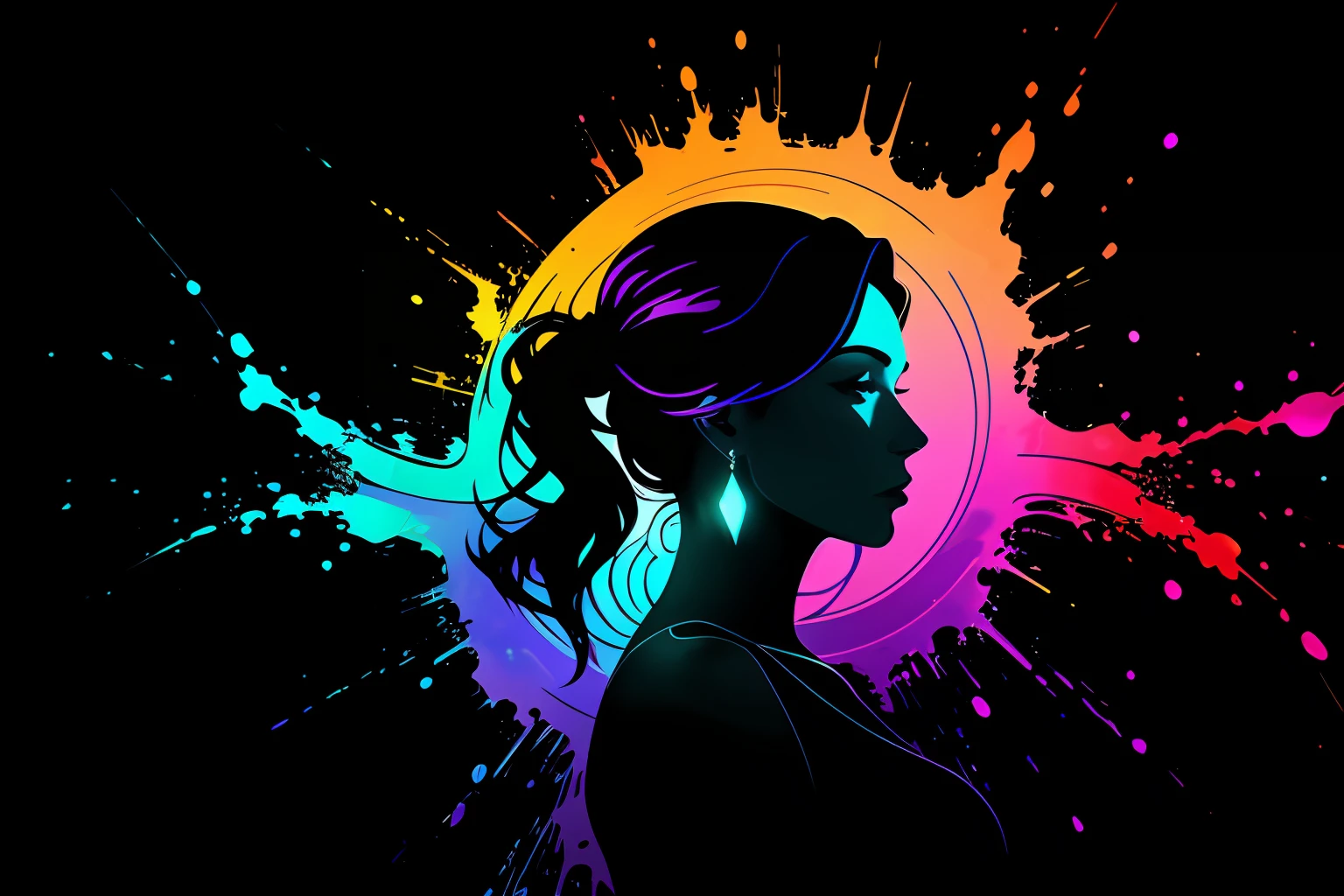 a fine color ink lineart sketching of a woman silhouette with a glossy shiny outline vibrant colors reflective [volumetric] splash, colorful, best quality, elegant, sharp clear art, black background