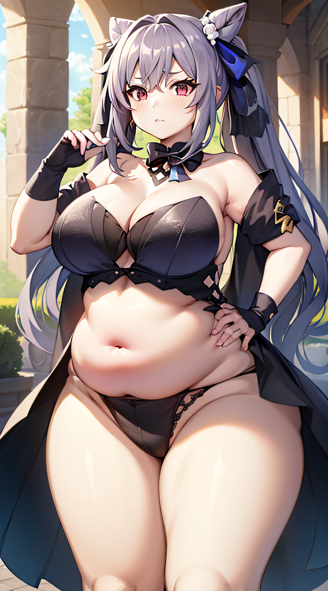 Weight Obesity, animesque, landscapes, semi-realistic, Abyss Orange Mix 3, high resolucion, imagination, (Photorealistic), clear skies, Old, Sundown, (HDR:1.5), plein air, intriciate detail, navels, (Fat belly fat:1.5), (Forward protruding belly fat:1.2), (Bigger belly fat:1.3),(Muffin tops:1.3), (bbw:1.2),(Folded belly button:1.3), (Chubby:1.2), (plump:1.3), Catching belly fat, plump legs, ganyu (genshin impact), Solo, horn, glove,((I'm touching my belly)), keqing (opulent splendor) (genshin impact), keqing (genshin impact), official alternate costume, one-piece, cone hair bun, natta, strapless dress, looking up at viewer, Long hair, cleavage, Black dress, hair bun, strapless, bare shoulder, purple color hair, bangss, bow, detached collar, Purple eyes, diamond-shaped pupils, bows, double bun, twintail, Two-tone dress, tiny boobs, Hair ornaments, black bow, hair ribbons, blue dress, bowtie, Hair between eyes, seaside