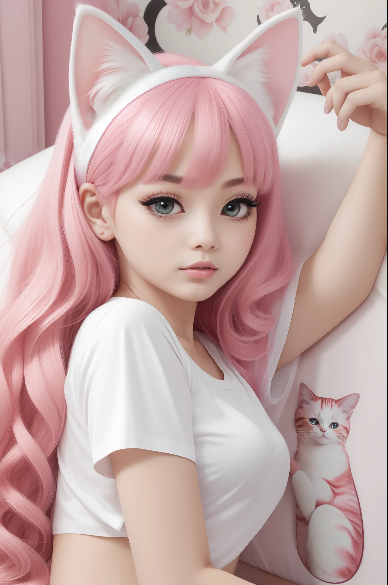 Masterpiece, Top quality, Super detail, the wallpaper, Break, 15 years old, Cat ears, Pink hair, Big eyes, Long eyelashes, Mouth closed, Break, White T-shirt, Cat print picture, White panties, Tail, Break, Cat pose, arms back behind, Break, Background, Luxury bed, Break,