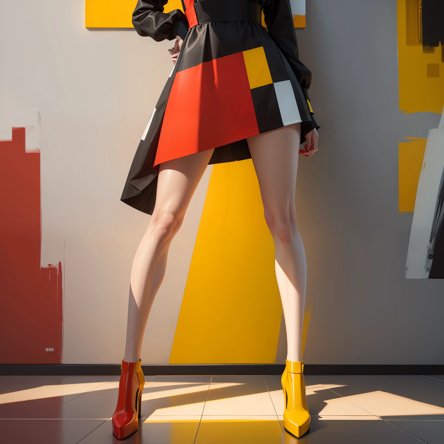Draw a modern painting,There is only one pentagonal,Place in the middle of the picture,Abstract style,Mondrian style,The whole painting,Use only red and yellow,Proportional coordination。OilPaintStyle。succinct,modern day。