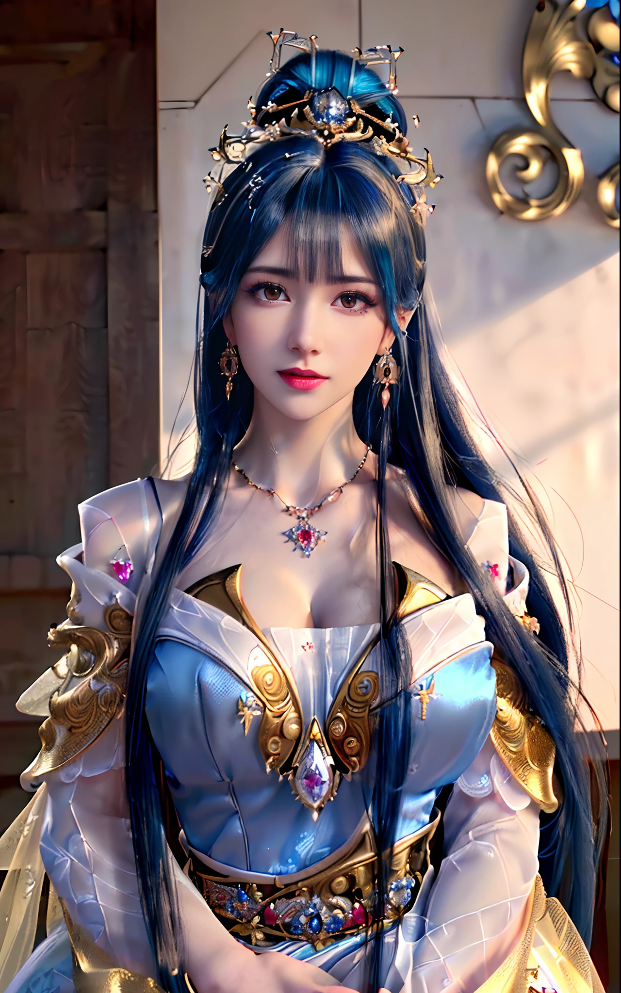 ((realisticity: 1.2)), ((realistic: 8K UHD)), ((best resolution: 8K UHD)), hyper detailed, best quality,masterpiece,highres,cg,
((1 hyper detailed and hyper realistic girl)), ((very beautiful queen dazzling, hyper realistic, and hyper detailed)),((white skin, beautiful, smooth, youthful, hyper realistic and hyper detailed
)), ((Hyper beautiful face, white, hyper realistic and hyper detailed)), long hair, ((hyper realistic and hyper detailed dress)), solo, ((hyper realistic, hyper beautiful, gorgeous and hyper detailed jewelry)), ((hyper beautiful, hyper realistic and hyper detailed dark red and golden yellow dress)),
((Hyper beautiful, hyper realistic, hyper detailed diamond filled earrings)),
  ((Hyper beautiful, hyper realistic and hyper detailed diamond filled hair ornament)), ((hyper beautiful upper body, hyper beautiful, hyper 
 realistic and hyper detailed)), ((big breasts: 2.5)), 
((Hyper grand, hyper realistic and hyper detailed royal palace backgroun))
((Hyper beautiful, hyper beautiful, hyper realistic and hyper detailed hair bun)), ((hyper beautiful, hyper realistic and hyper detailed blue hair)),
candid, Photograph, high resolution, 8k,Bokeh,
