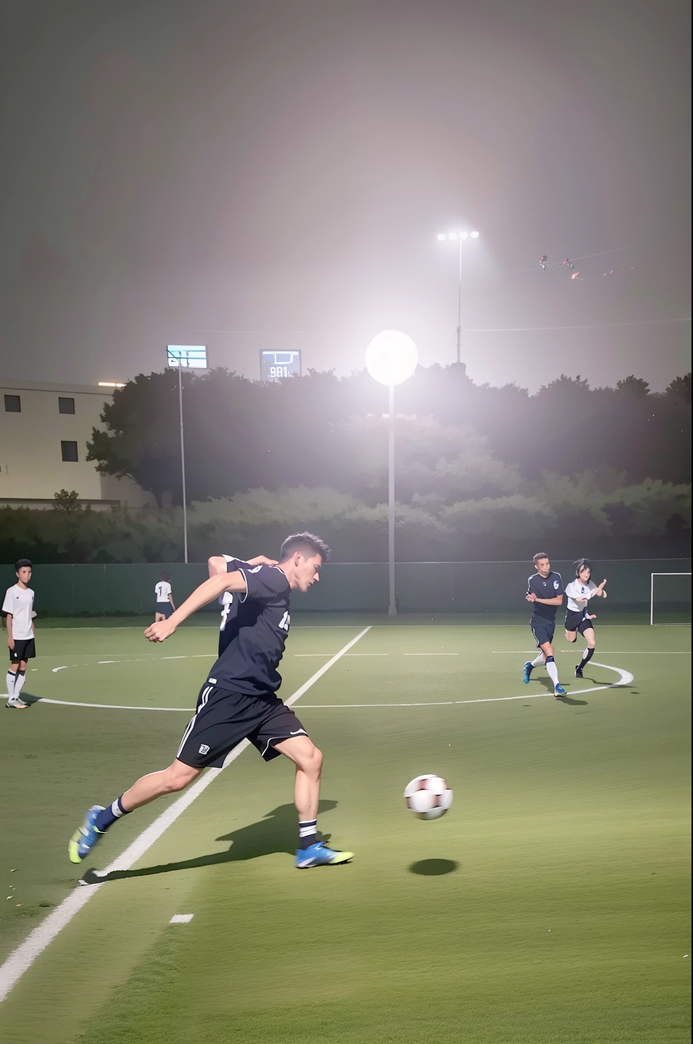 A great group of footballers，Good bro，They play football on the pitch at night, taken with canon 8 0 d, action  shot, play soccer, best qualtiy， tmasterpiece， 超A high resolution， （realisticlying：1.5）， RAW photogr，in the darkness nigth， deep shading， low tune， cold light， short detailed hair，Black hair, surrealism, surrealism, Cinematic lighting, 8K, Super detail, High details, High quality, Award-Awarded, A high resolution, 16k, Anatomically correct, Textured skin