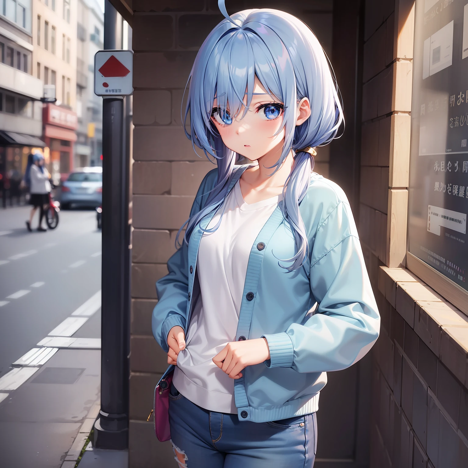 Anime style、1人、full body Esbian、expressionless face、{hairstyle on:(Twin-tailed),(one eye covered),(Cover your right eye),(blue hairs),(Ahoge)},blue eyess,light blue cardigan,White inner shirt,jeans,Blue sneakers,facing front,to stand,
