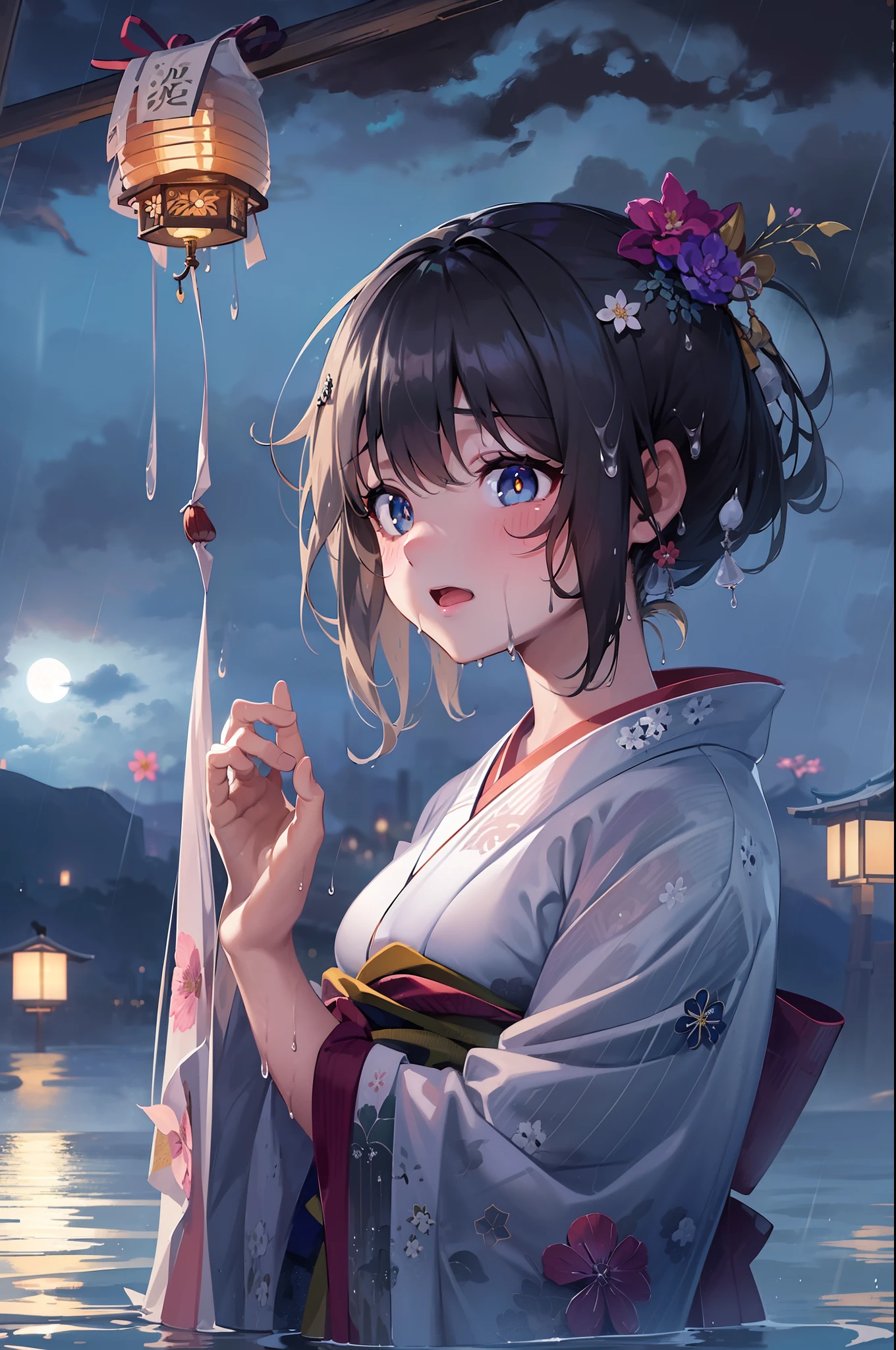 1girl, breasts, moon, lantern, night, solo, large breasts, hair ornament, wet, kimono, japanese clothes, wading, water, hair flower, flower, outdoors, sky, full moon, rain, black hair, off shoulder, mountain, cloud, holding, sash, bare shoulders, paper lantern, standing, white kimono, night sky, sideboob, obi, wet clothes, bangs, tree, from side, reflection, short hair, cloudy sky, wet hair (((masterpiece),(extremely detailed CG unity 8k wallpaper),best quality,,solo,1girl,cinematic lighting,detailed background,beautiful detailed eyes,bright pupils, (an extremely delicate and beautiful),(Beautiful and detailed eye description)， ultra-detailed,masterpiece,))