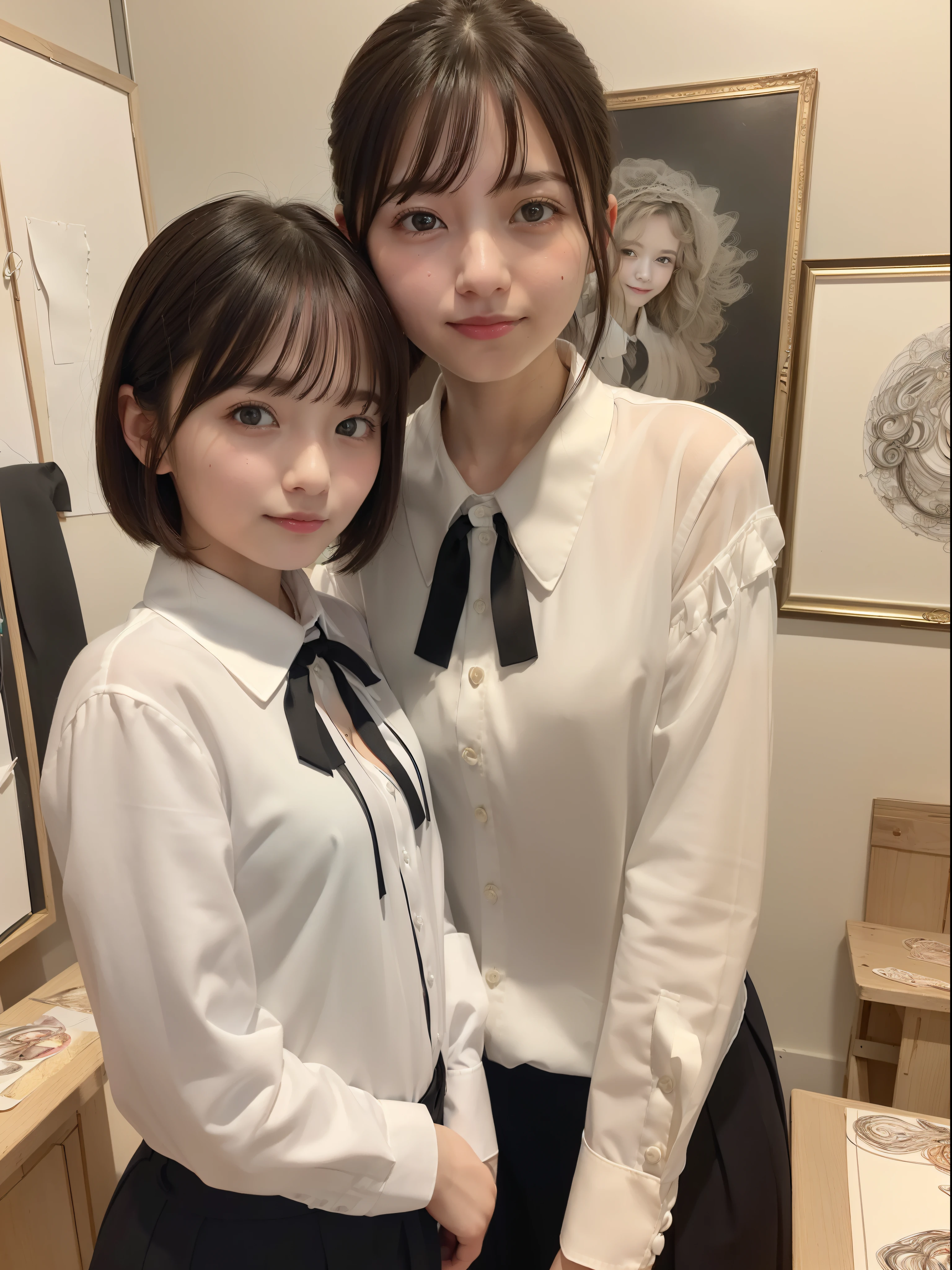 (8K、top-quality、masterpiece:1.2)、(realisitic、Photorealsitic:1.37)、ultra-detailliert、1womanl、 20yr old、独奏、((Beautiful ribbons))、(((A dark-haired)))、(a smile:1.15)、beautiful finely detailed eyes、(shirt with collar:1.1)、business clothes、(short-hair:1.2)、 (((Art Room)))、 picture frame