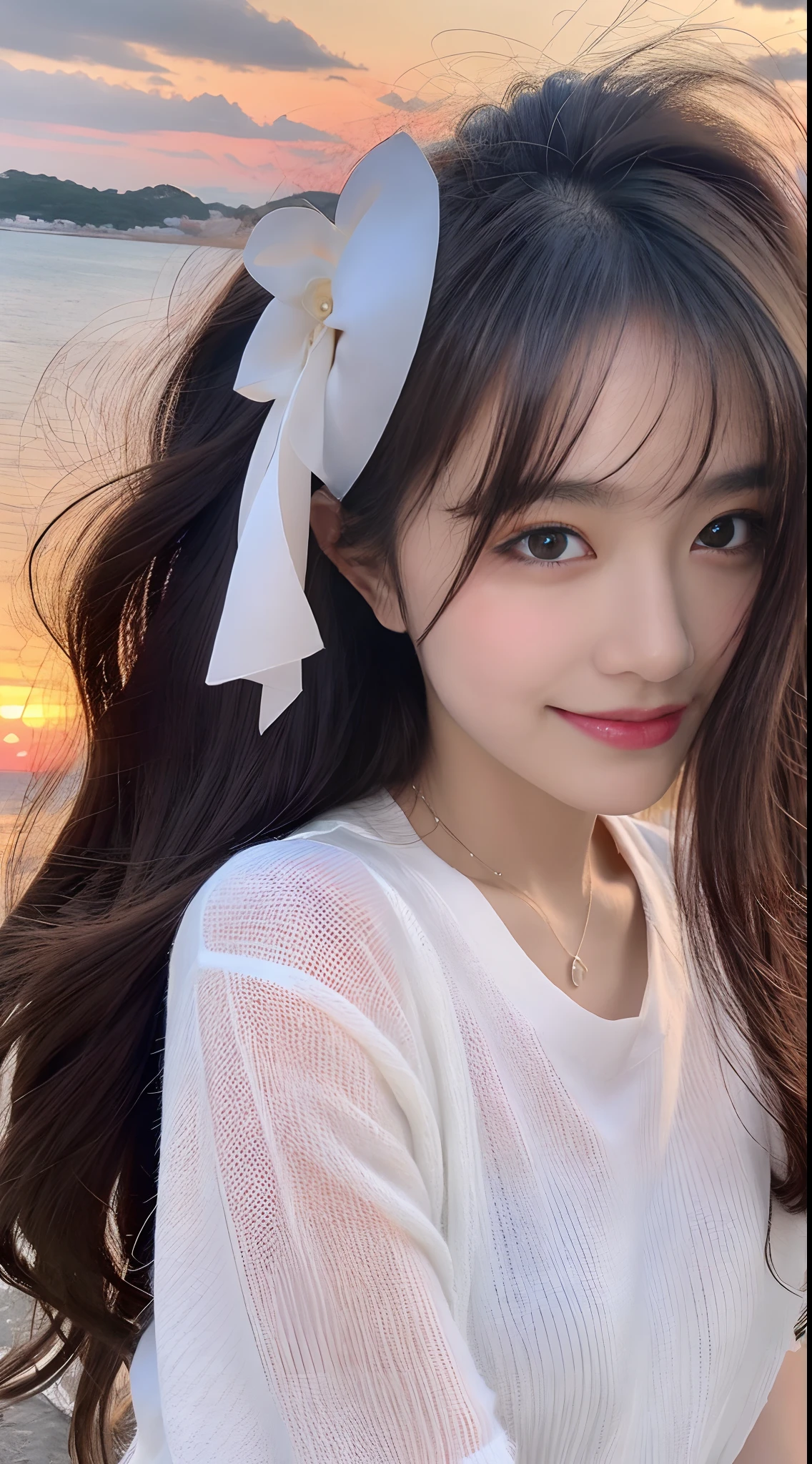 8k resolution, super high resolution, best picture quality, beautiful girl, moist lips, peerless beauty, messy black straight hair, shawl long hair, fluffy hair, rich and beautiful makeup, exquisite and perfect facial features, sapphire eyes, blush, sweet smile,
(((sunset sky)))) by the sea (dressed in white
Tight T-shirt), short skirt, macro shot, beautiful detail sky.