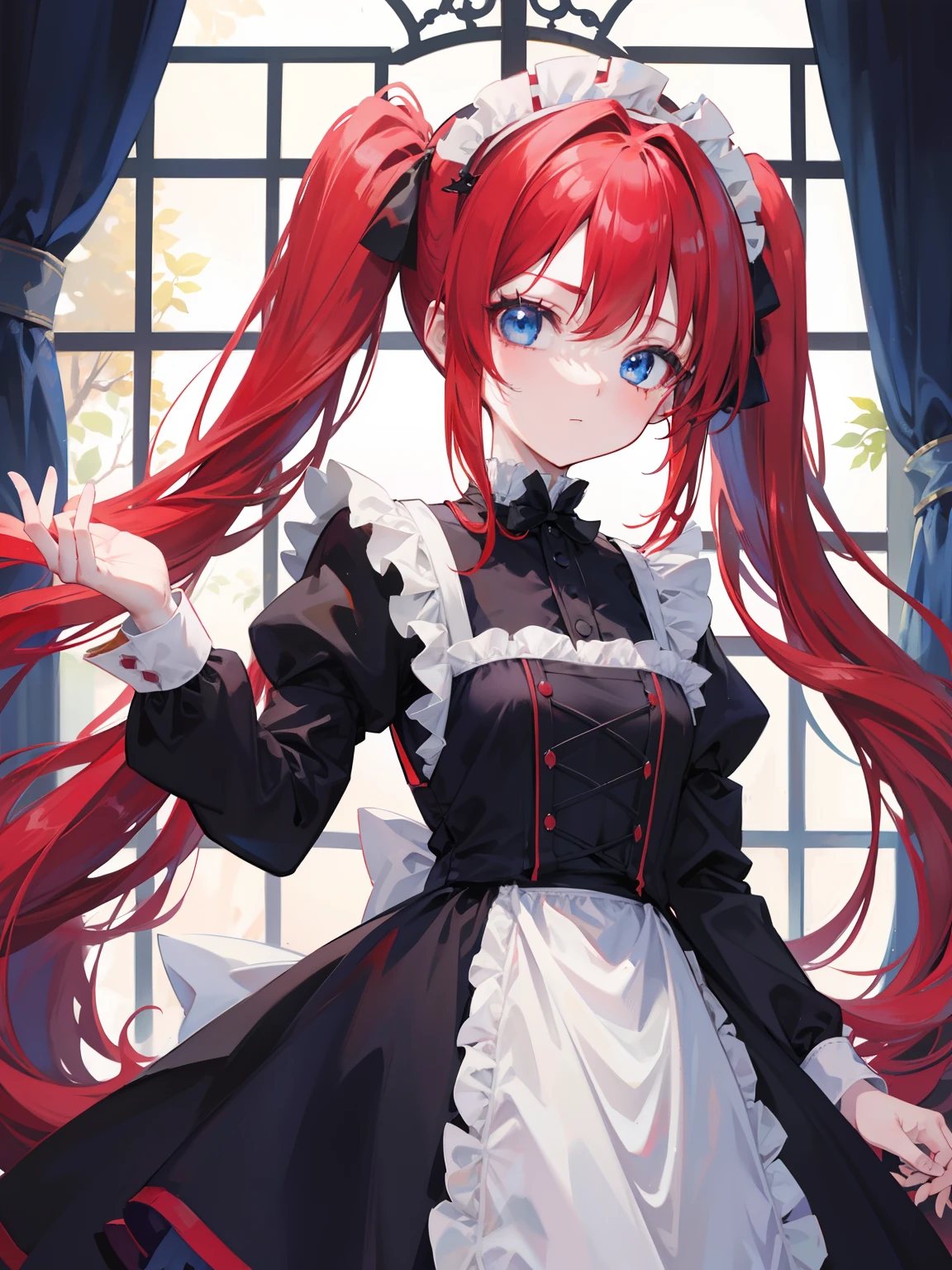 red hair,blue eyes,twintails,maid, long hair, long sleeves, gothic, solo, ,{{best quality}}, {{masterpiece}}, {{ultra-detailed}}, {illustration}, {detailed light}, {an extremely delicate and beautiful},
