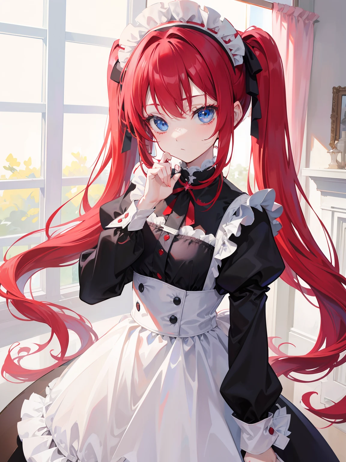 red hair,blue eyes,twintails,maid, long hair, long sleeves, gothic, solo, loli,{{best quality}}, {{masterpiece}}, {{ultra-detailed}}, {illustration}, {detailed light}, {an extremely delicate and beautiful},